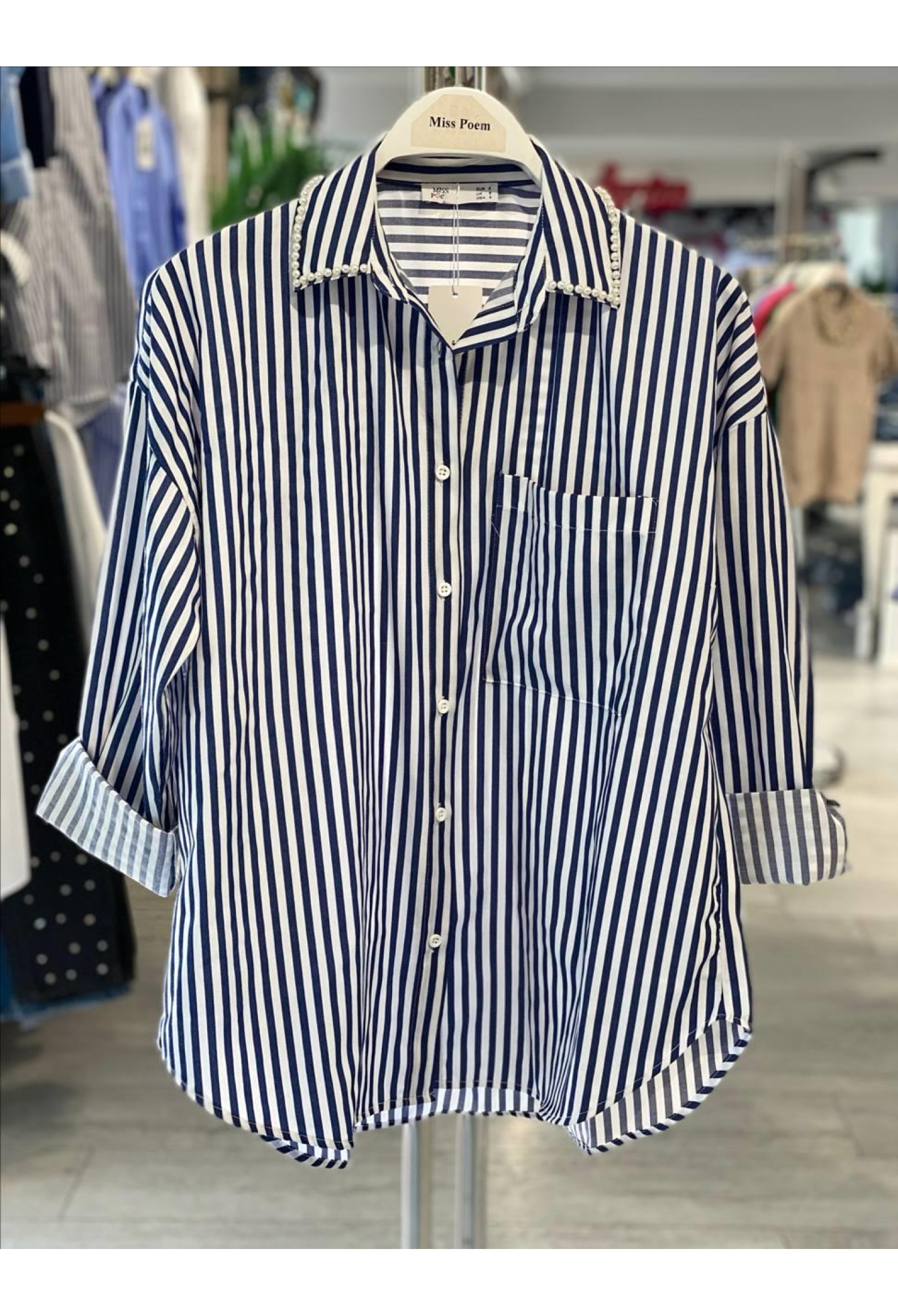 Blue Striped Casual Shirt With Buttoned Closure - Brand: MISS POEM - Women & Kids, Baby Clothes Wholesale - TheBS Women