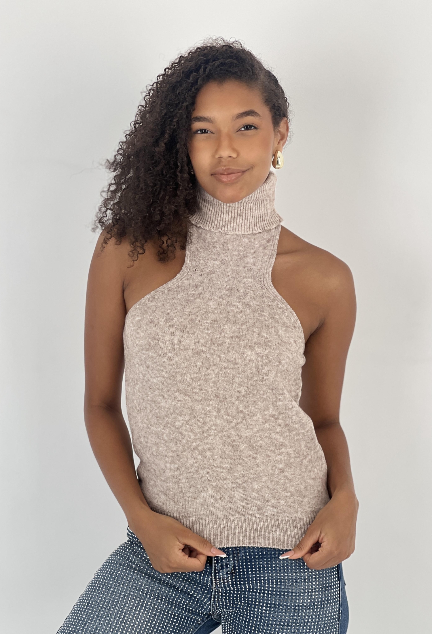 Beige Sweater With Turtle Neck And Cap Sleeves - Brand: MISS POEM - Women & Kids, Baby Clothes Wholesale - TheBS Women