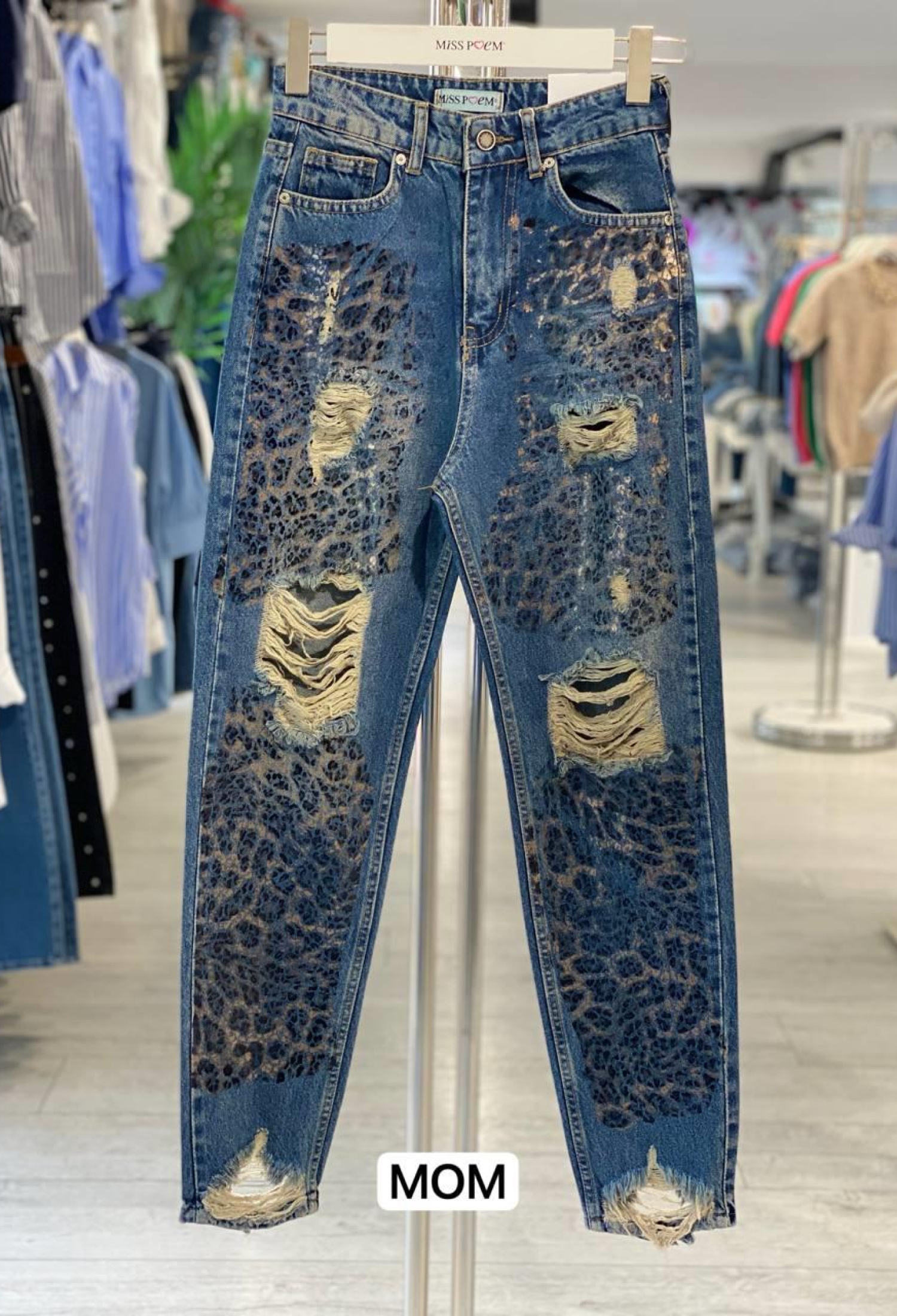 Blue Mom Jeans With Animal Print And High Waist - Brand: MISS POEM - Women & Kids, Baby Clothes Wholesale - TheBS Women