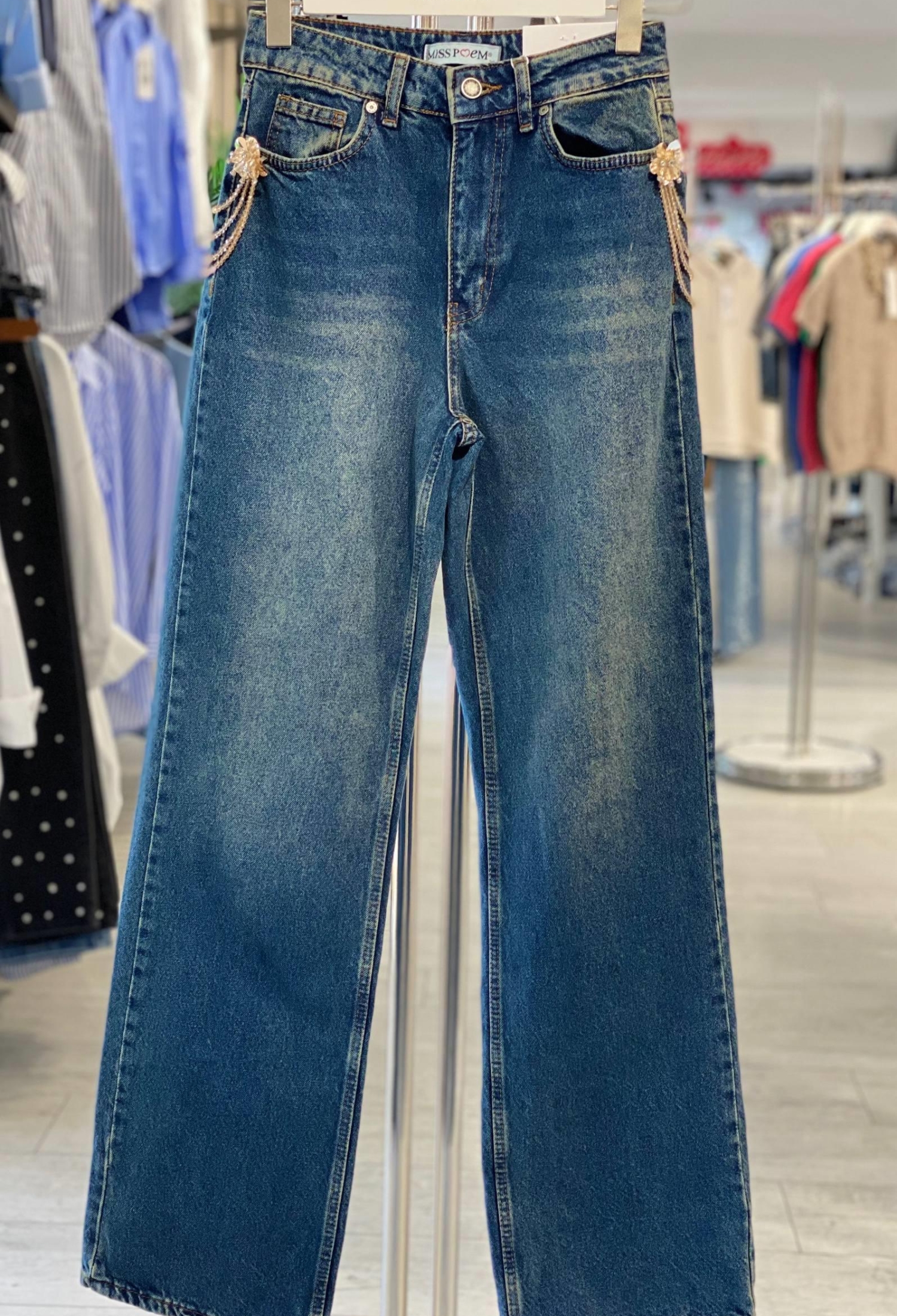 Blue Mom Jeans With Wide Leg And Buttoned Closure - Brand: MISS POEM - Women & Kids, Baby Clothes Wholesale - TheBS Women