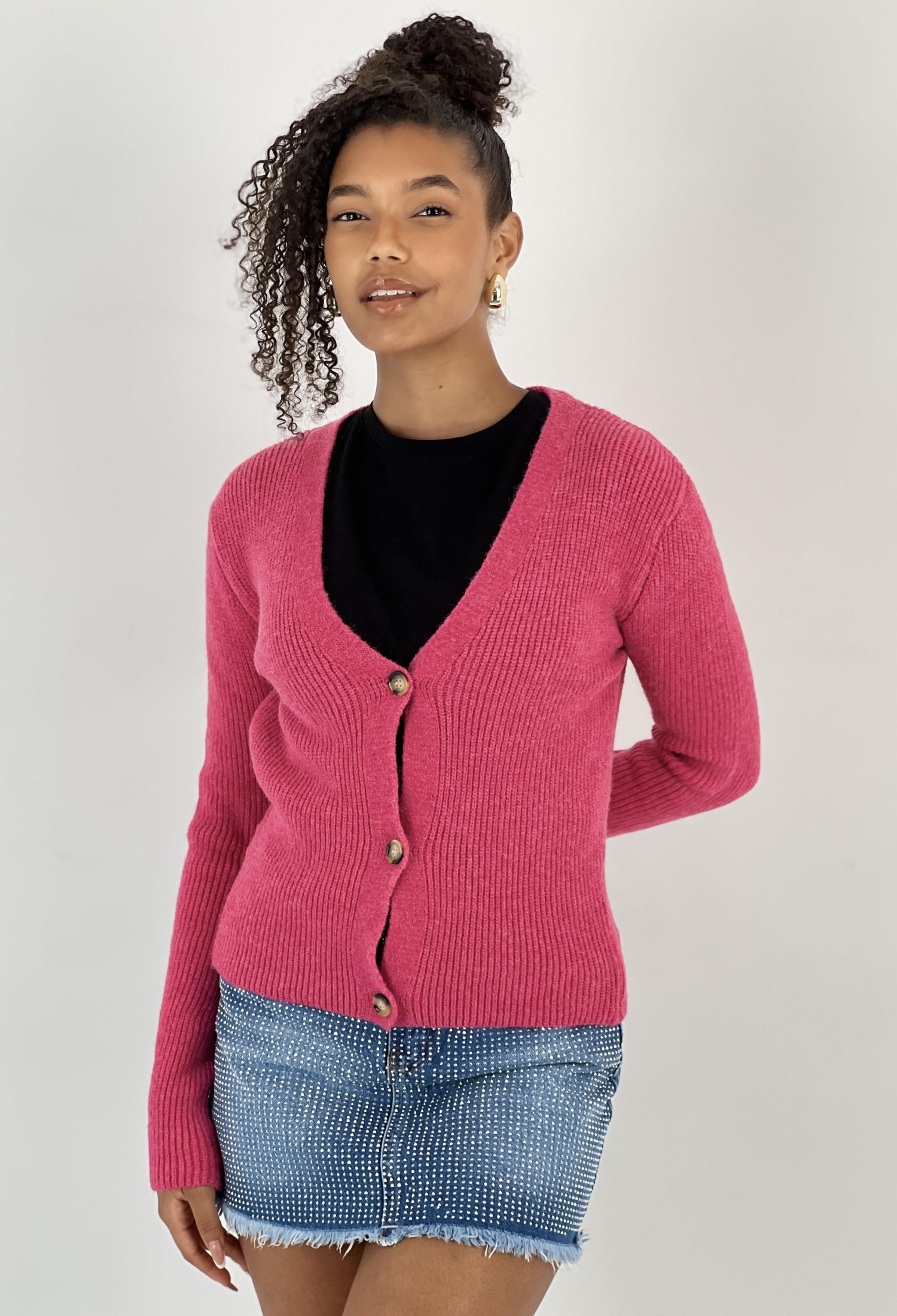 Fuchsia Cardigan With V-Neck And Buttoned Closure - Brand: MISS POEM - Women & Kids, Baby Clothes Wholesale - TheBS Women
