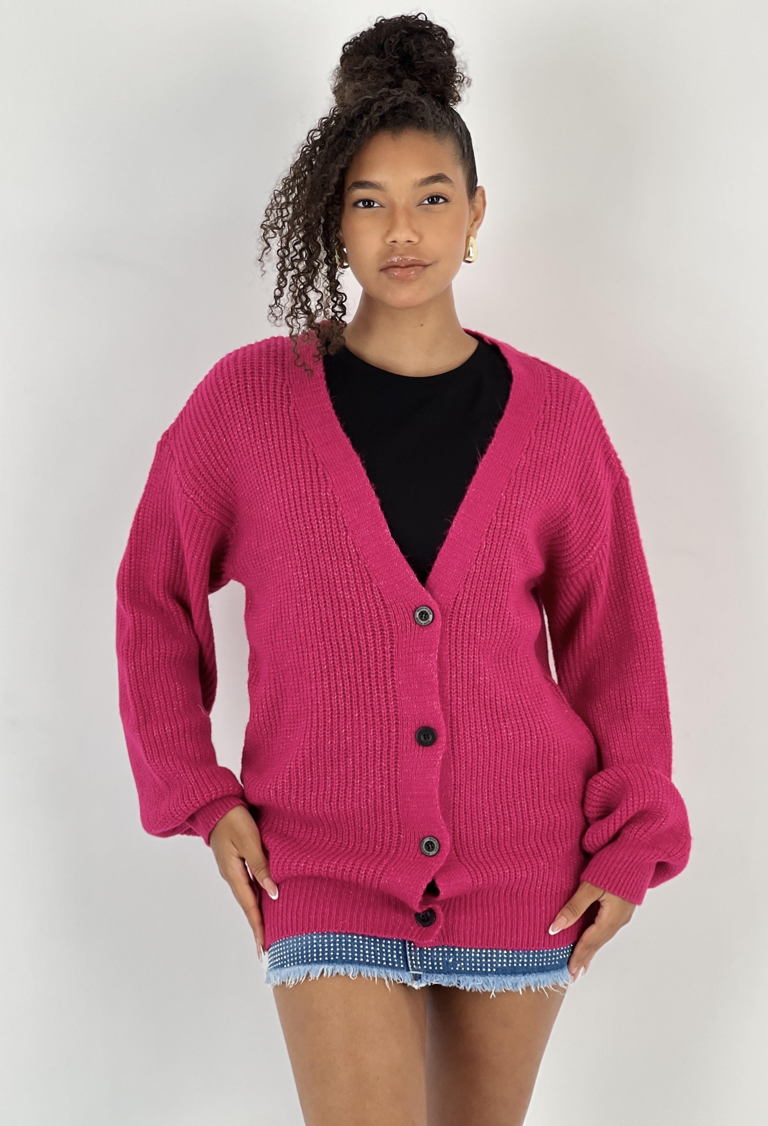 Fuchsia Cardigan Oversized Buttoned V-Neck Long Sleeve - Brand: MISS POEM - Women & Kids, Baby Clothes Wholesale - TheBS Women