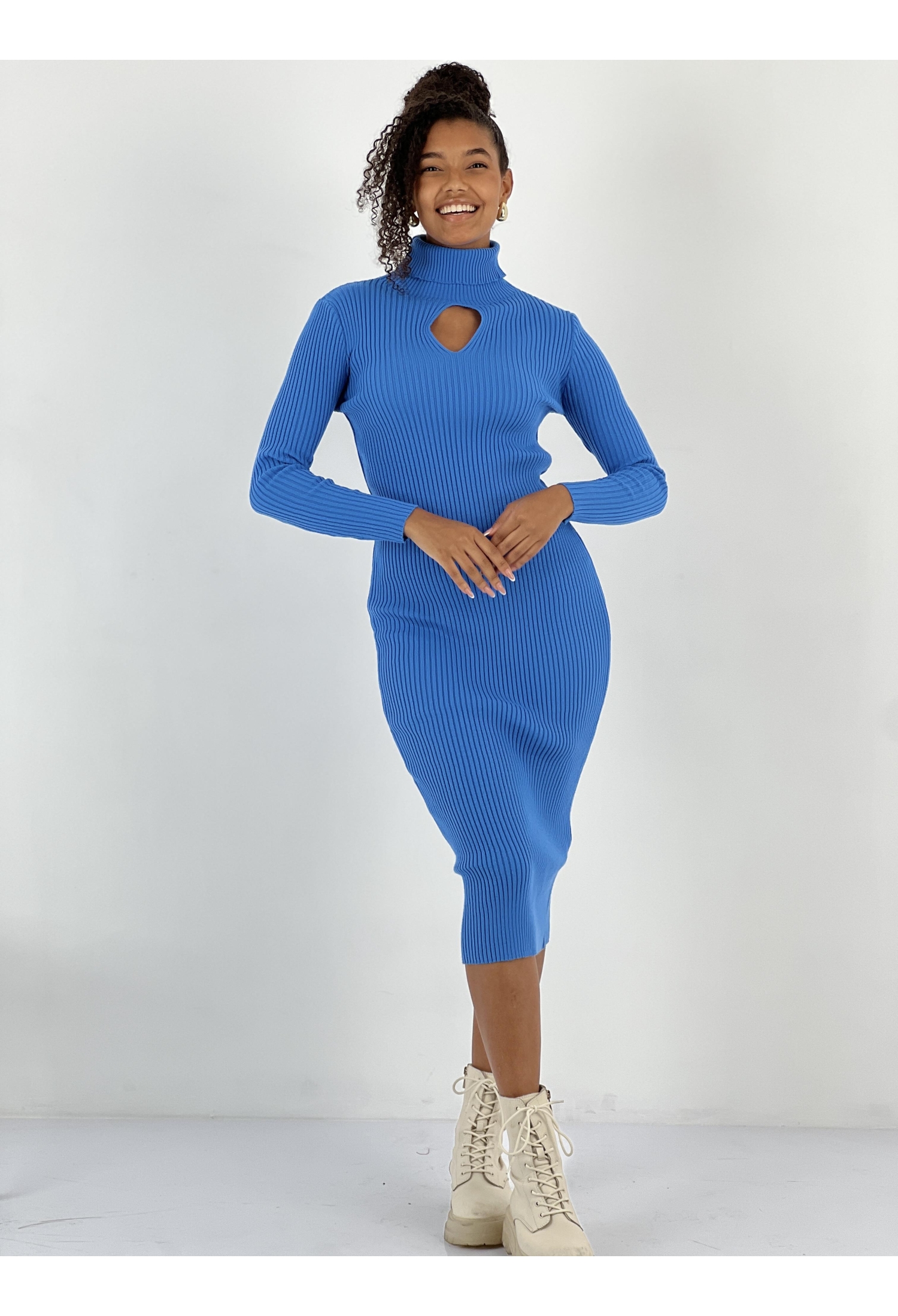 Blue Sweater Dress With High Neck And Long Sleeves - Brand: MISS POEM - Women & Kids, Baby Clothes Wholesale - TheBS Women