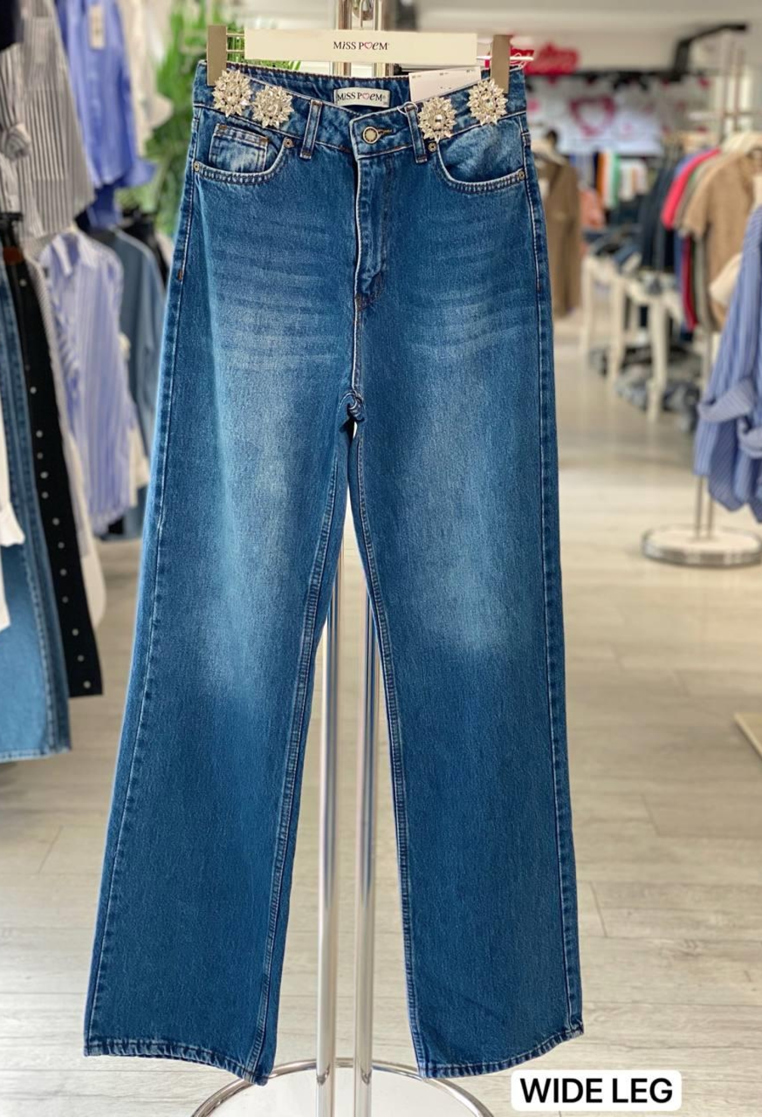 Blue Mom Jeans With Wide Leg And Button Closure - Brand: MISS POEM - Women & Kids, Baby Clothes Wholesale - TheBS Women