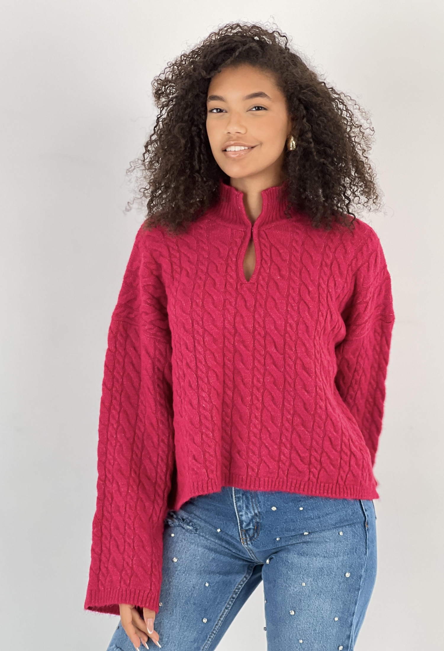 Fuchsia Sweater With Notched Neck And Long Sleeves - Brand: MISS POEM - Women & Kids, Baby Clothes Wholesale - TheBS Women