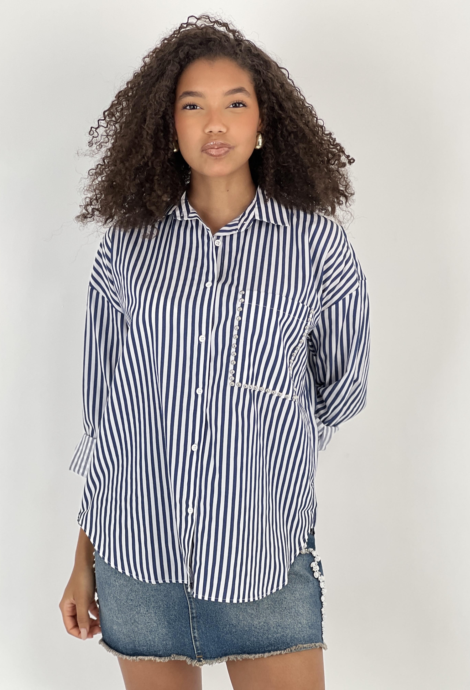 Blue Striped Oversized Polo Neck Shirt - Brand: MISS POEM - Women & Kids, Baby Clothes Wholesale - TheBS Women