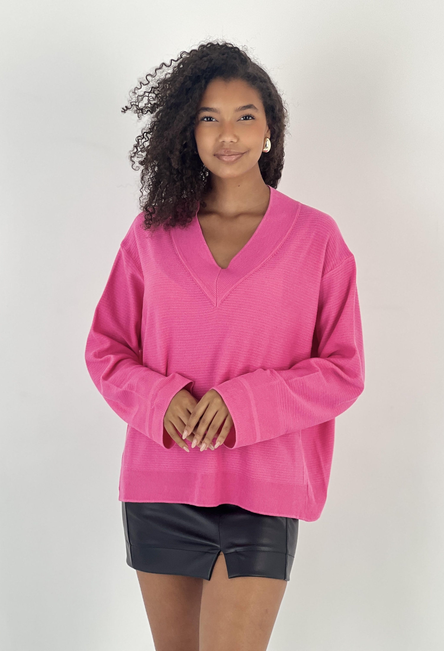 Fuchsia Oversized Fit V-Neck Sweater - Brand: MISS POEM - Women & Kids, Baby Clothes Wholesale - TheBS Women