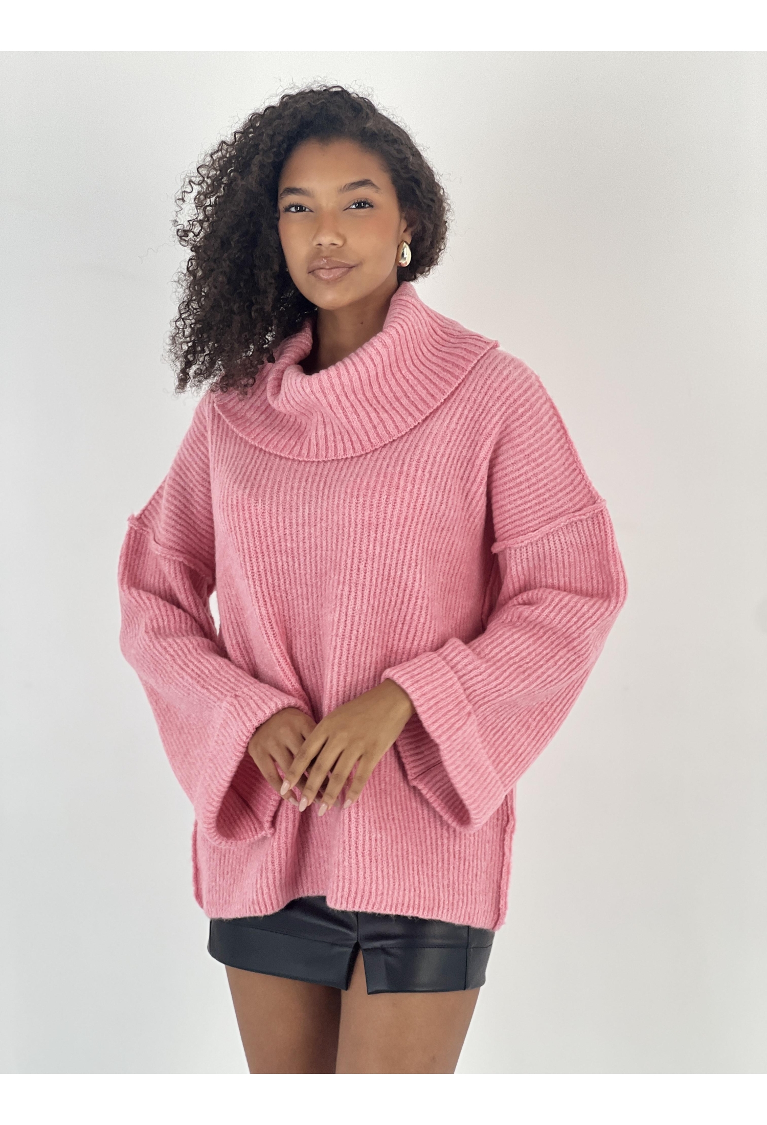 Pink Sweater Oversized Cowl Neck Long Sleeve - Brand: MISS POEM - Women & Kids, Baby Clothes Wholesale - TheBS Women
