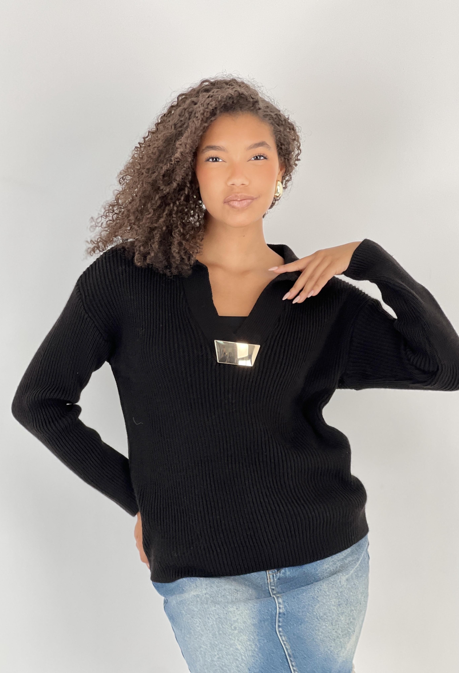 Black V-Neck Oversized Fit Sweater - Brand: MISS POEM - Women & Kids, Baby Clothes Wholesale - TheBS Women