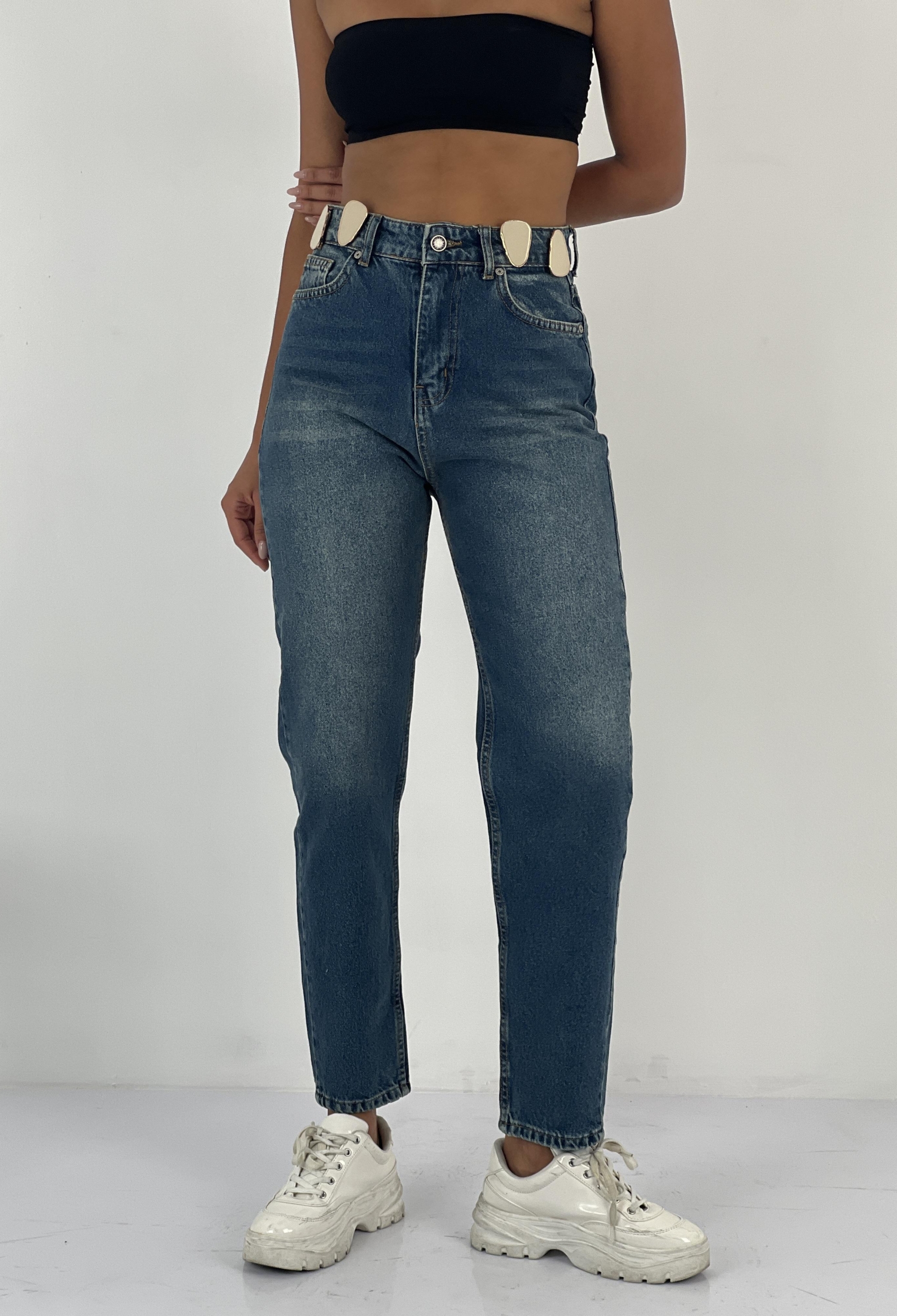 Blue Mom Jeans With High Waist And Buttoned Closure - Brand: MISS POEM - Women & Kids, Baby Clothes Wholesale - TheBS Women