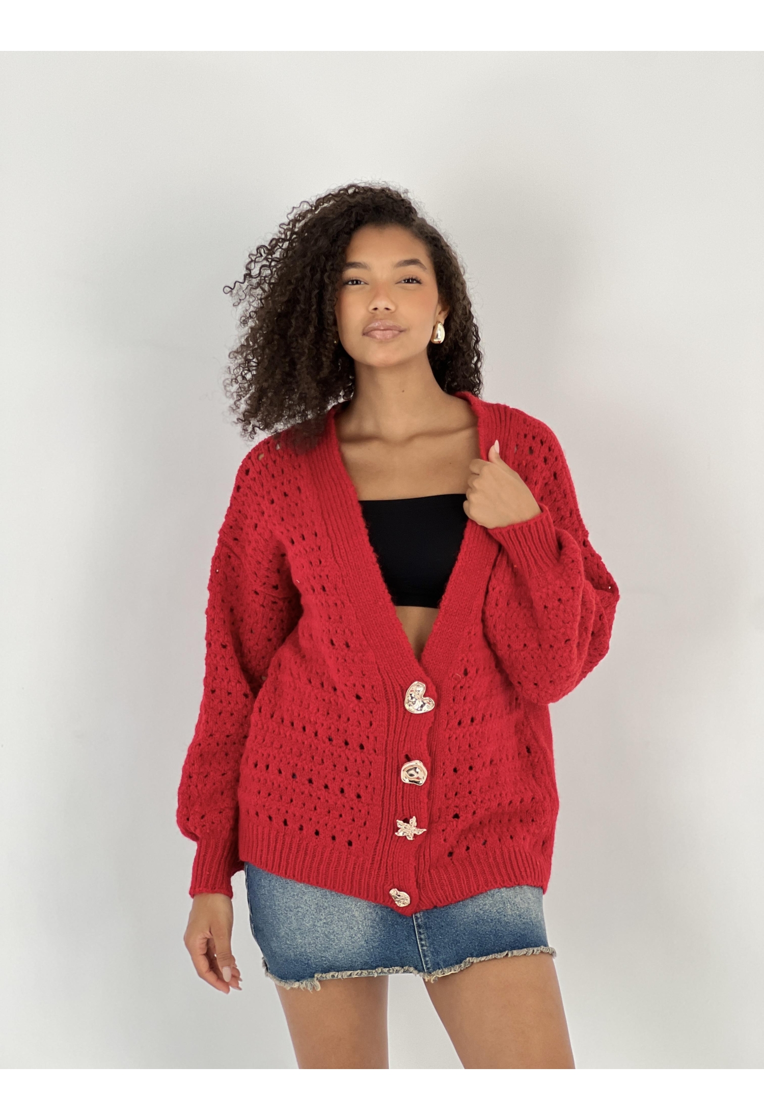 Red Cardigan Oversized Buttoned V-Neck Long Sleeve - Brand: MISS POEM - Women & Kids, Baby Clothes Wholesale - TheBS Women