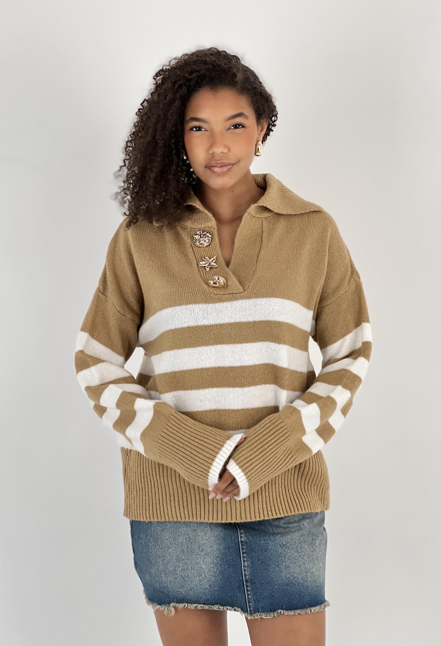 Beige Striped Sweater With Notched Neck - Brand: MISS POEM - Women & Kids, Baby Clothes Wholesale - TheBS Women