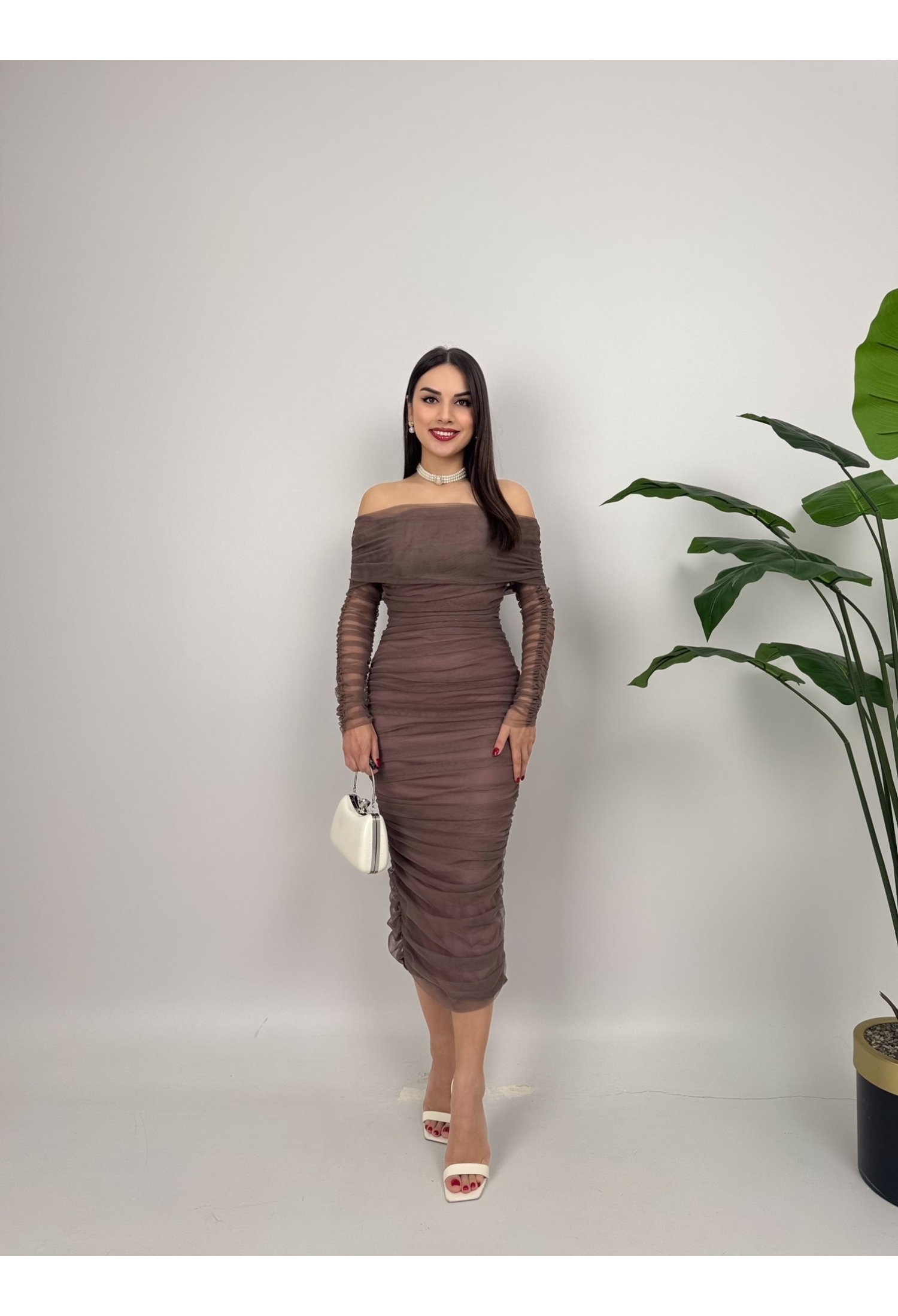 Brown Elegant Bodycon Dress With Off Shoulder Neck - Brand: Miss Janell - Women & Kids, Baby Clothes Wholesale - TheBS Women