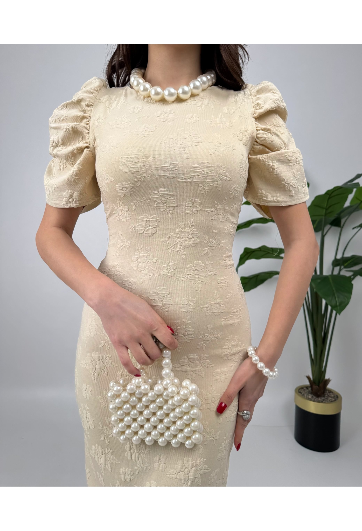 Beige Elegant Floral Sheath Dress - Brand: Miss Janell - Women & Kids, Baby Clothes Wholesale - TheBS Women