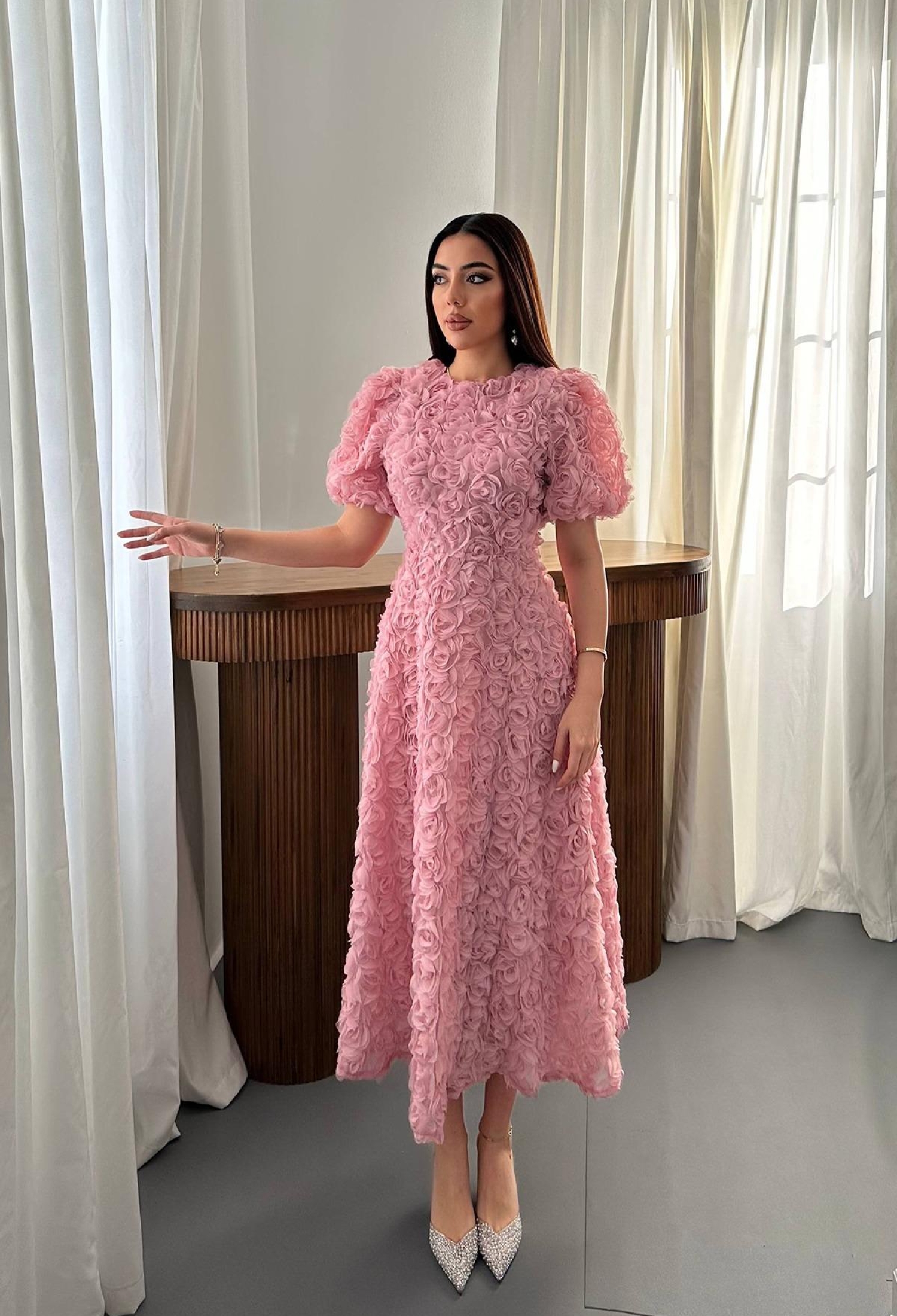 Elegant A-Line Midi Dress With Puff Half Sleeves - Brand: Elisa - Women & Kids, Baby Clothes Wholesale - TheBS Women