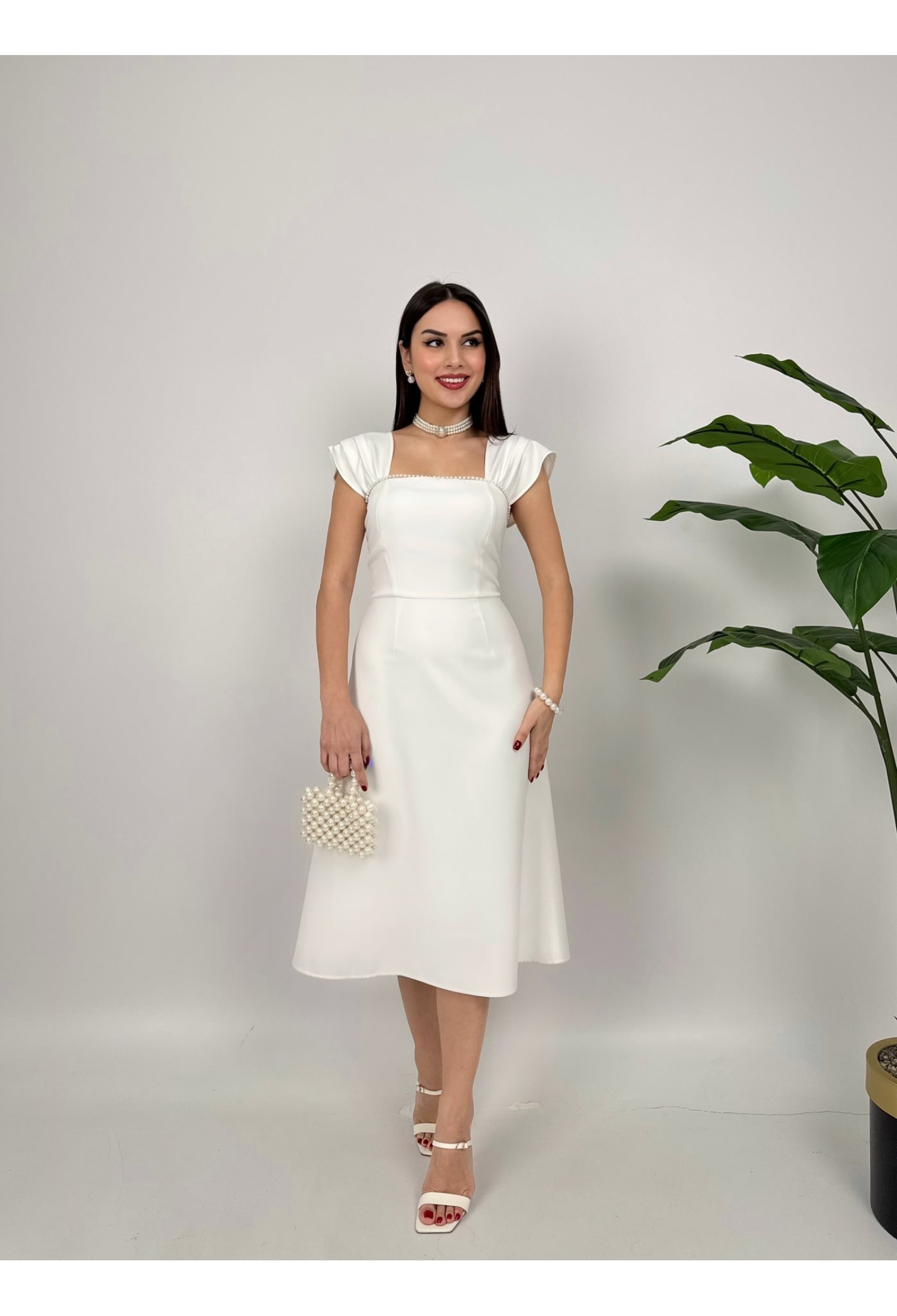 Elegant A-Line Midi Dress With Square Neck - Brand: Miss Janell - Women & Kids, Baby Clothes Wholesale - TheBS Women