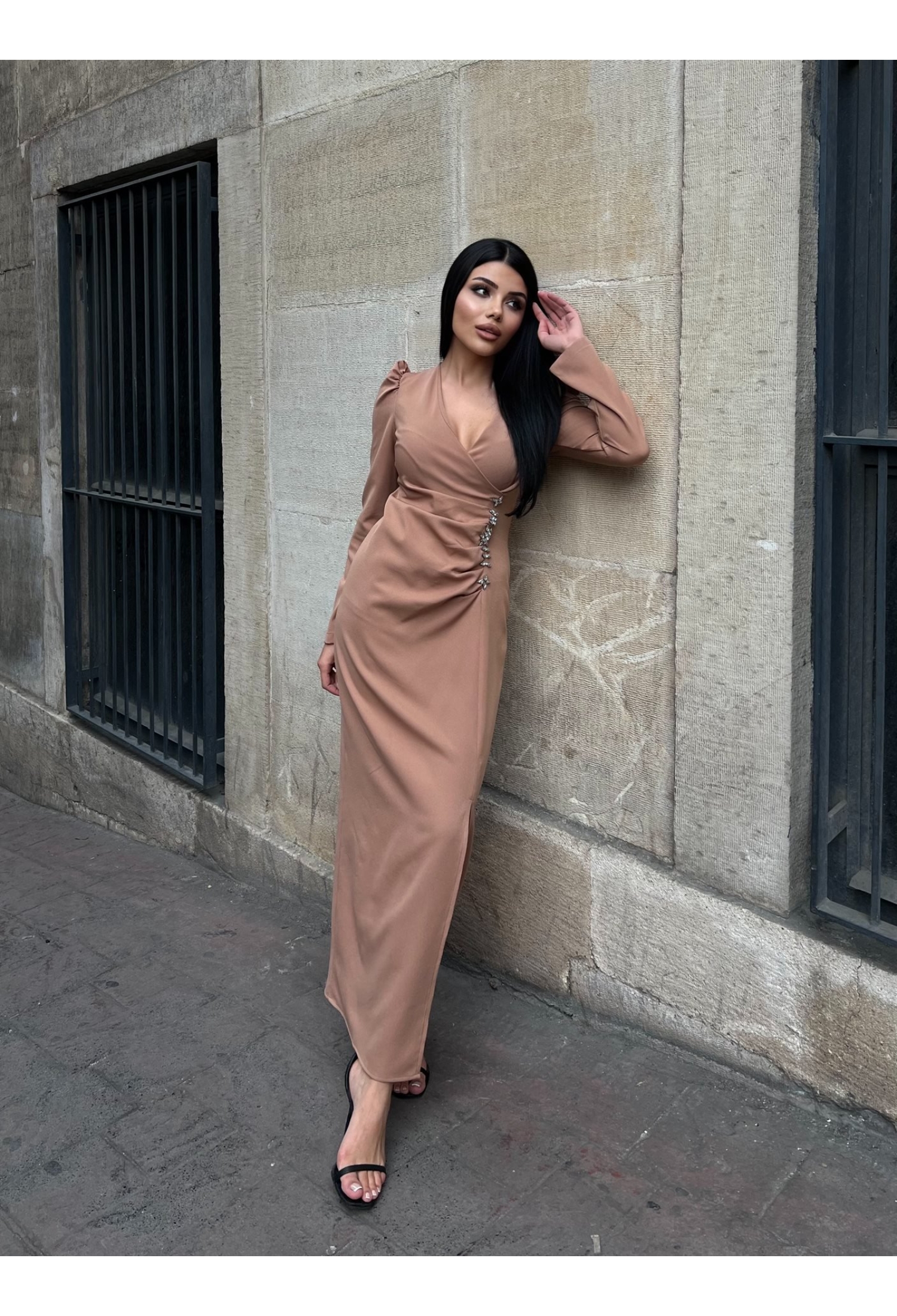 Elegant Brown Wrap Dress With Plunging Neck - Brand: Miss Janell - Women & Kids, Baby Clothes Wholesale - TheBS Women