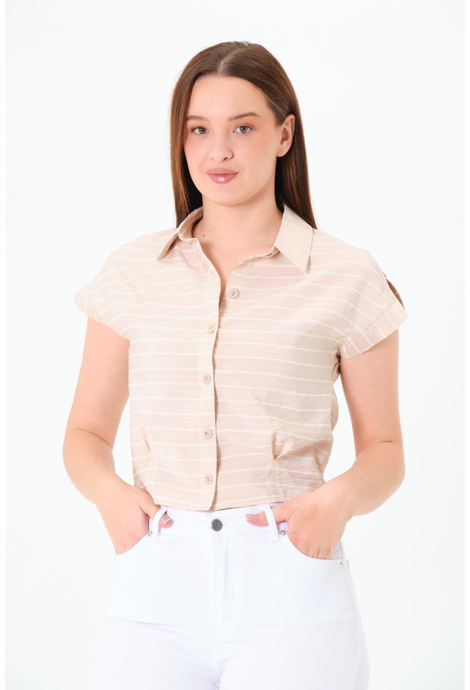 Beige Striped Casual Shirt With Buttoned Polo Neck - Brand: Sortie Collection - Women & Kids, Baby Clothes Wholesale - TheBS Women