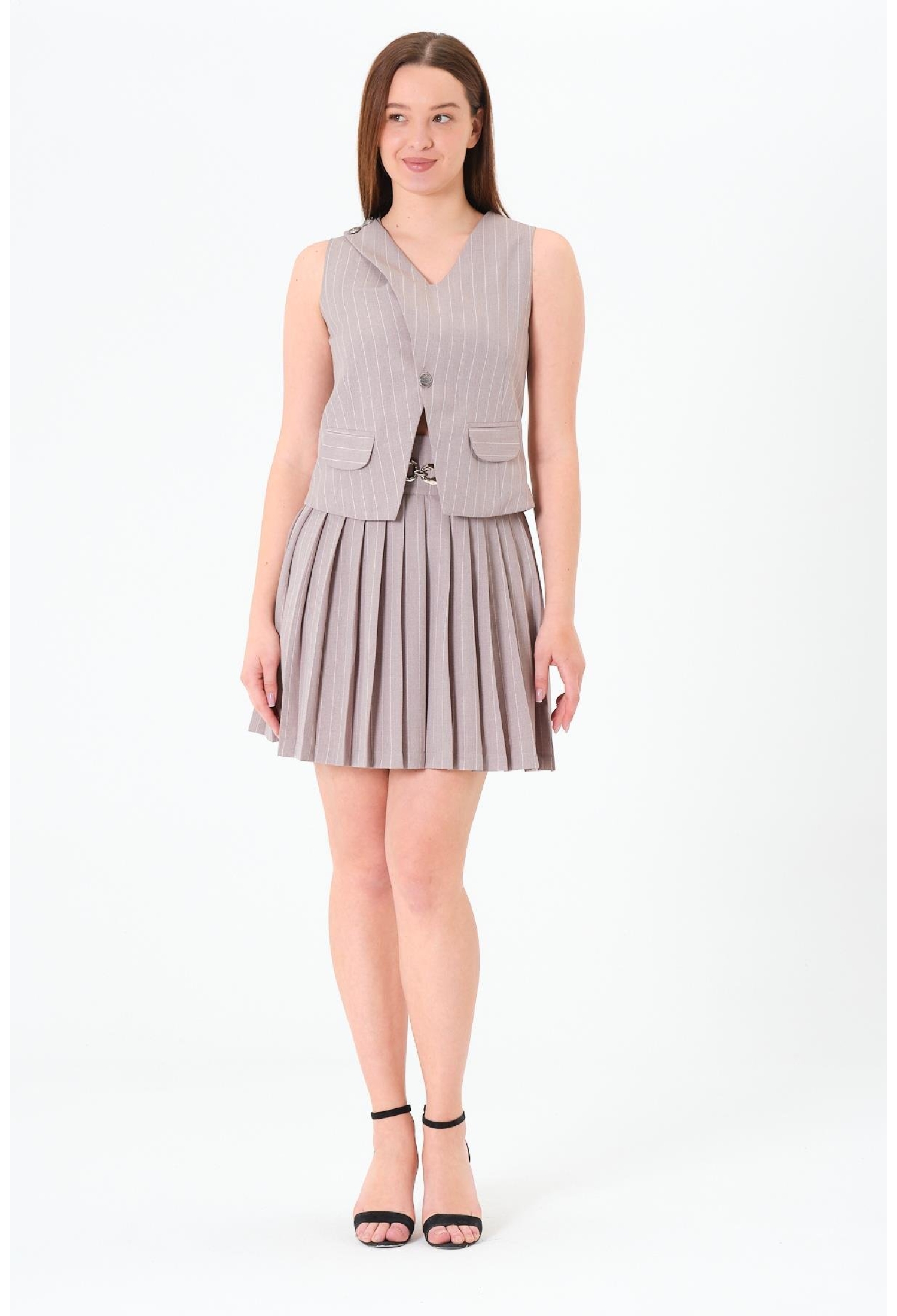 Beige Formal Elegant Striped Vest - Brand: Sortie Collection - Women & Kids, Baby Clothes Wholesale - TheBS Women
