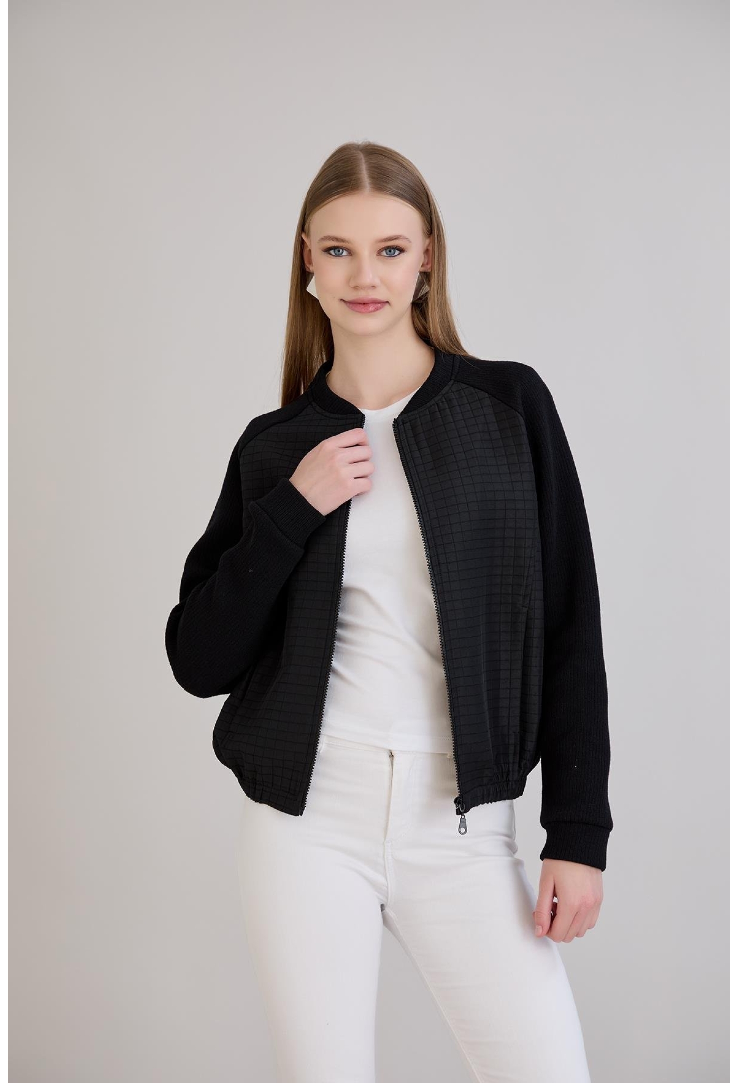 Black Bomber Jacket With Checkered Pattern - Brand: Sortie Collection - Women & Kids, Baby Clothes Wholesale - TheBS Women