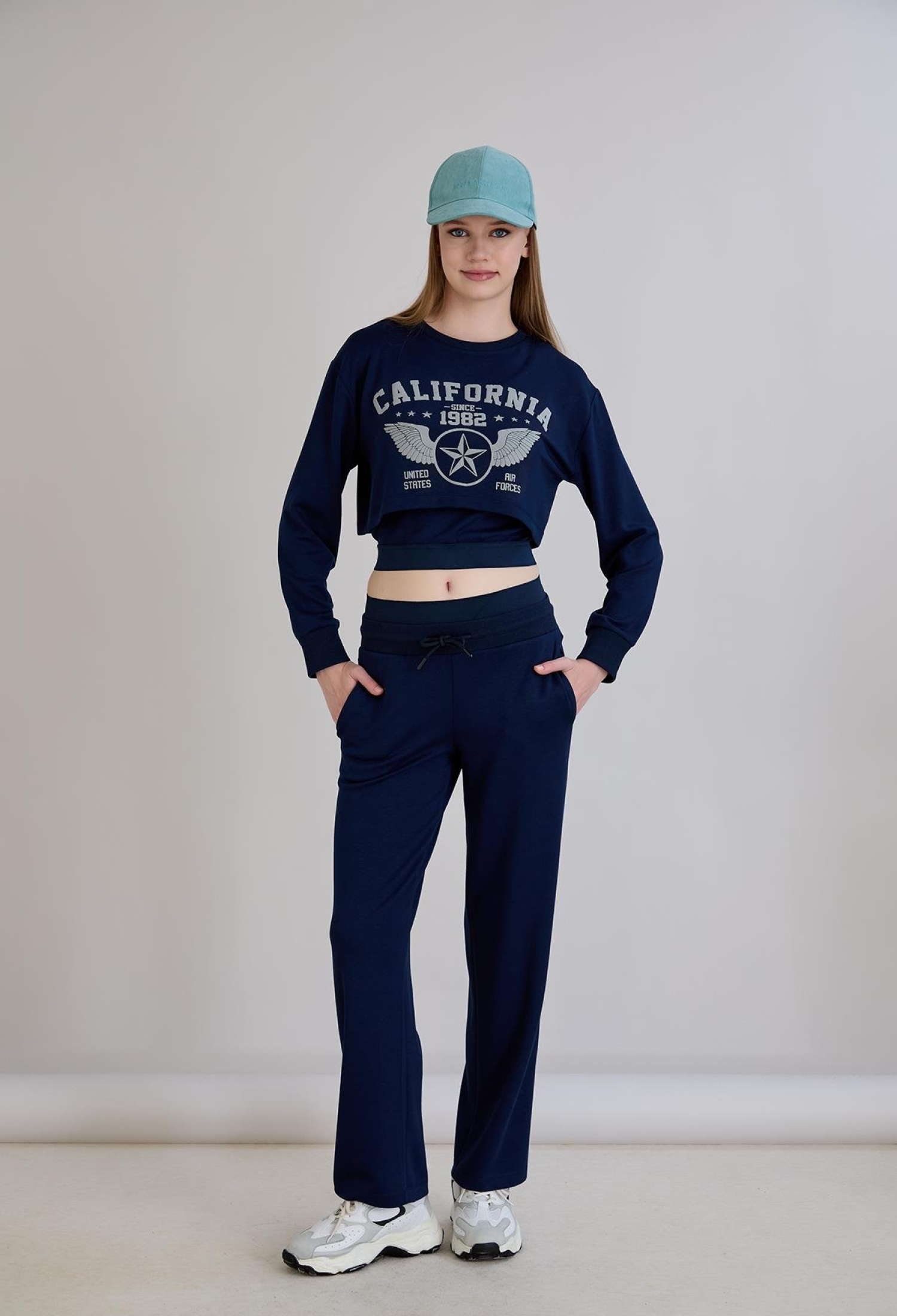 Navy Blue Crop Top With Letter Print - Long Sleeve - Brand: Sortie Collection - Women & Kids, Baby Clothes Wholesale - TheBS Women