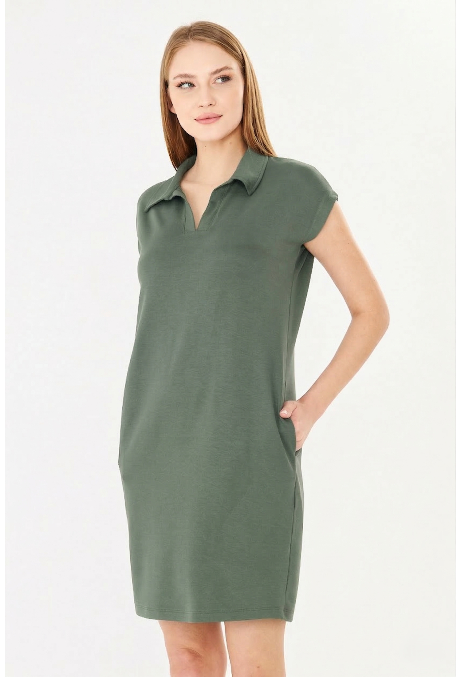 Green Casual Shirt Dress With Notched Neck Knee Length - Brand: Sortie Collection - Women & Kids, Baby Clothes Wholesale - TheBS Women