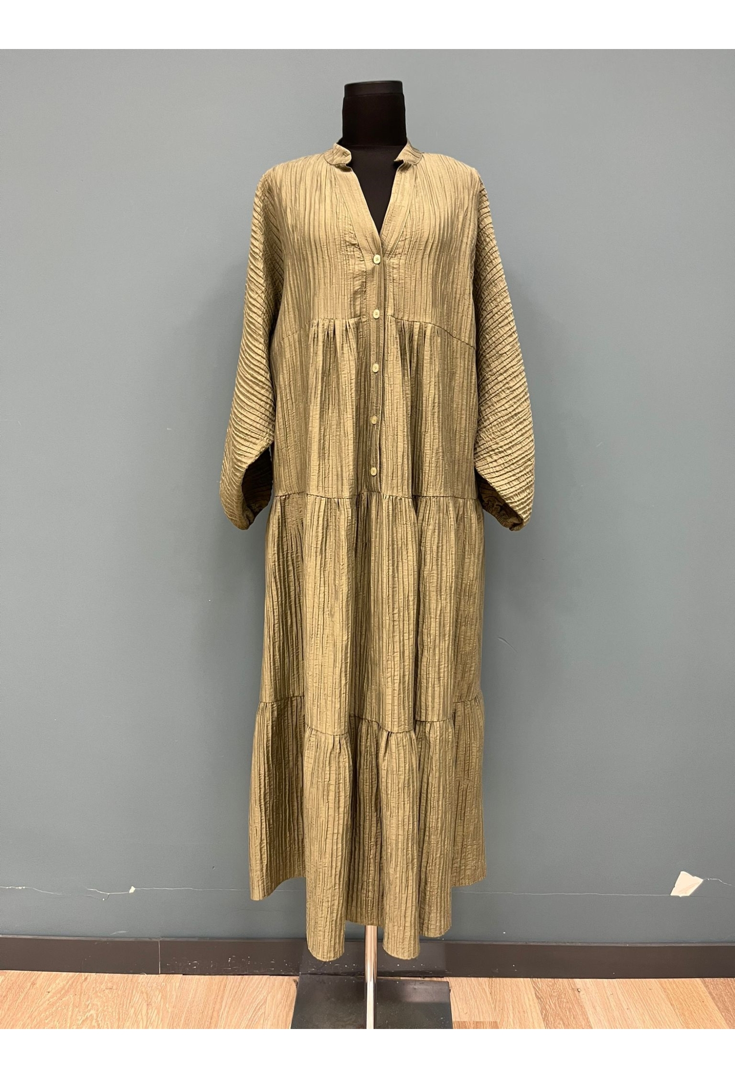 Beige Striped A-Line Midi Dress With V-Neck - Brand: SOUL - Women & Kids, Baby Clothes Wholesale - TheBS Women