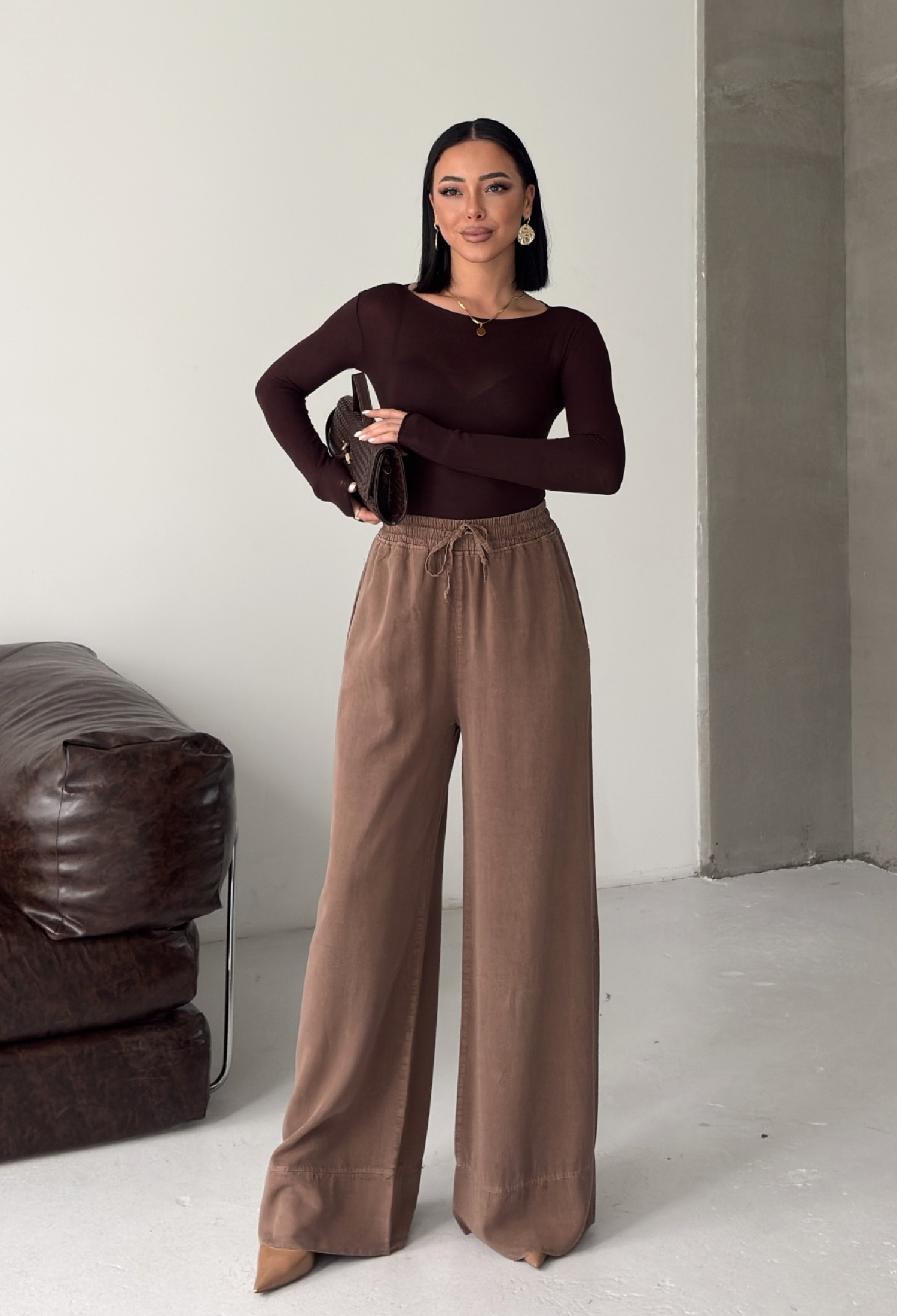 Brown Palazzo Pants With Wide Leg And Drawstring - Brand: XLove - Women & Kids, Baby Clothes Wholesale - TheBS Women