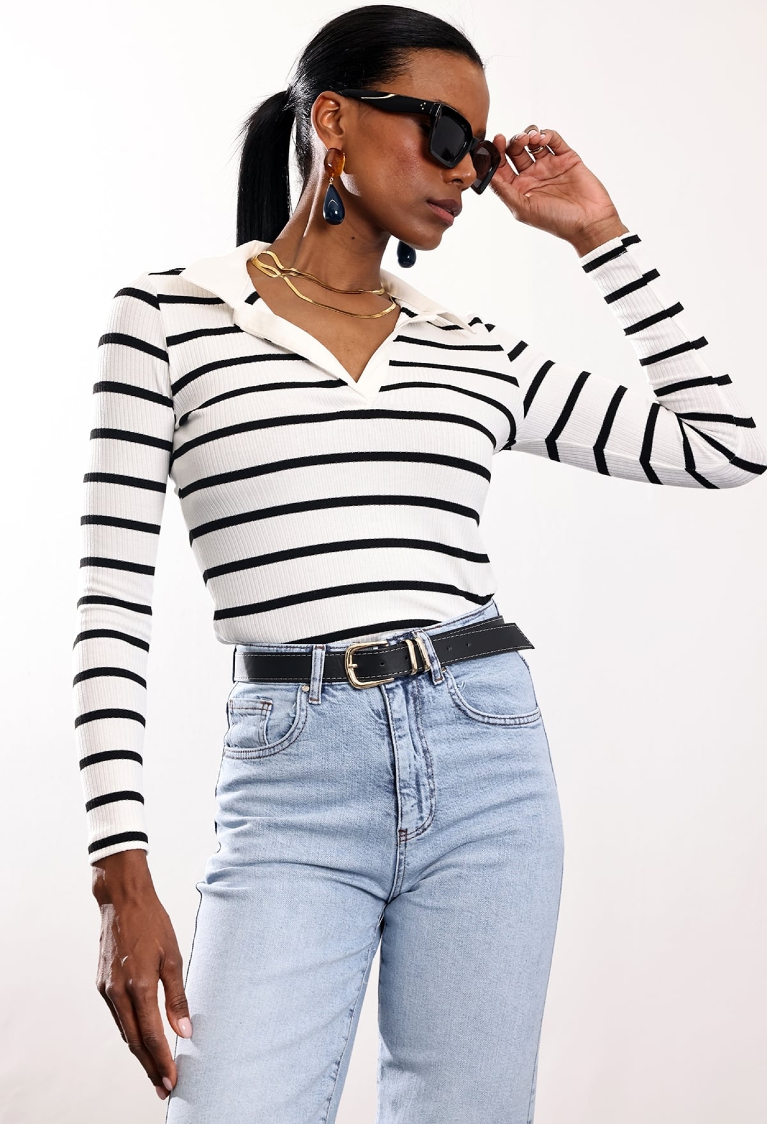 Striped Slim Fit Tshirt With Notched Neck - Brand: Cream Rouge - Women & Kids, Baby Clothes Wholesale - TheBS Women