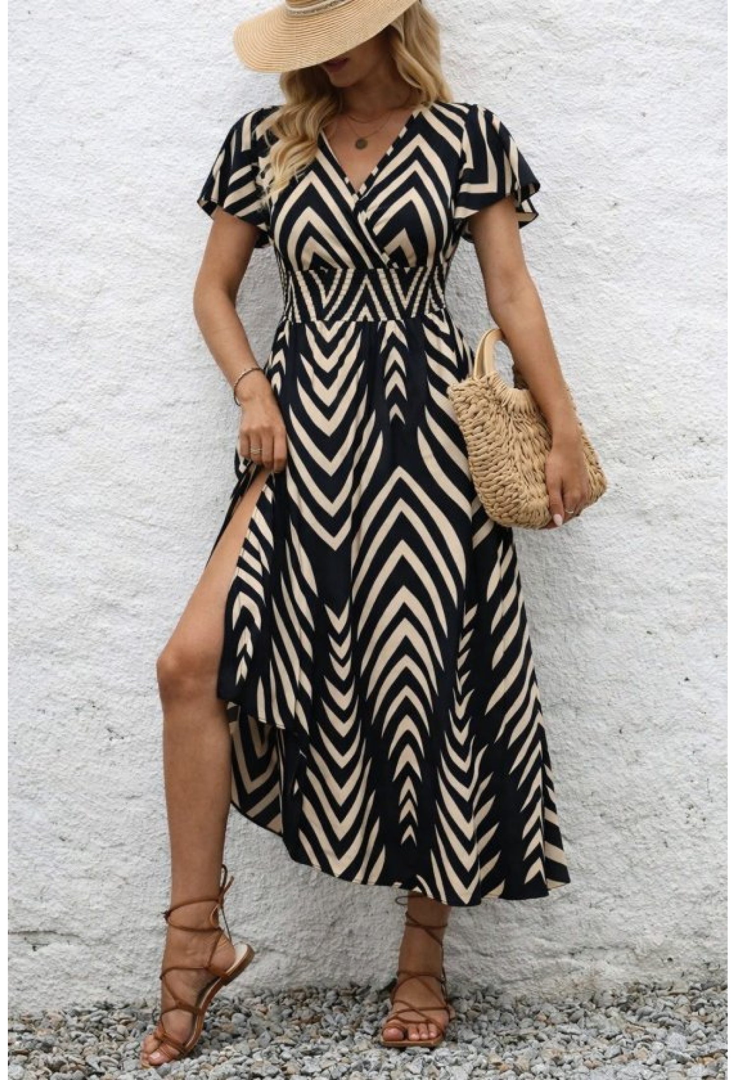 Black Striped Wrap Dress With Flutter Sleeves - Brand: Janes - Women & Kids, Baby Clothes Wholesale - TheBS Women