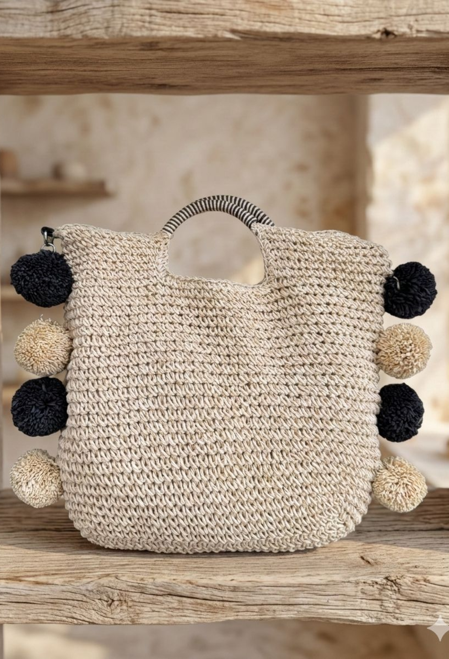 Hand Knitted Straw Bag With Pompom - Beige - Brand: Axesoire - Women & Kids, Baby Clothes Wholesale - TheBS Women