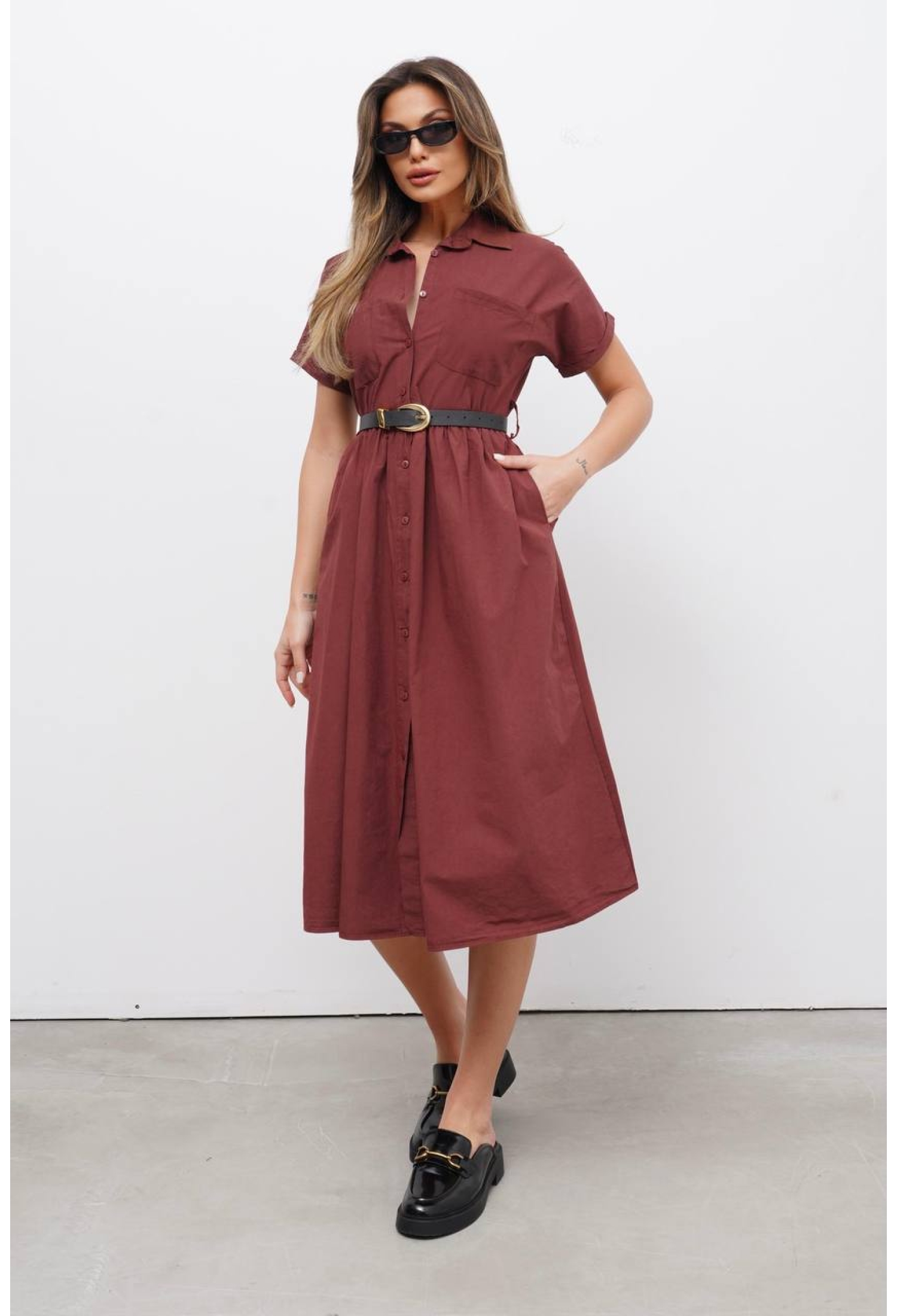 Brown Shirt Dress With Cap Sleeves And Notched Neck - Brand: Cream Rouge - Women & Kids, Baby Clothes Wholesale - TheBS Women