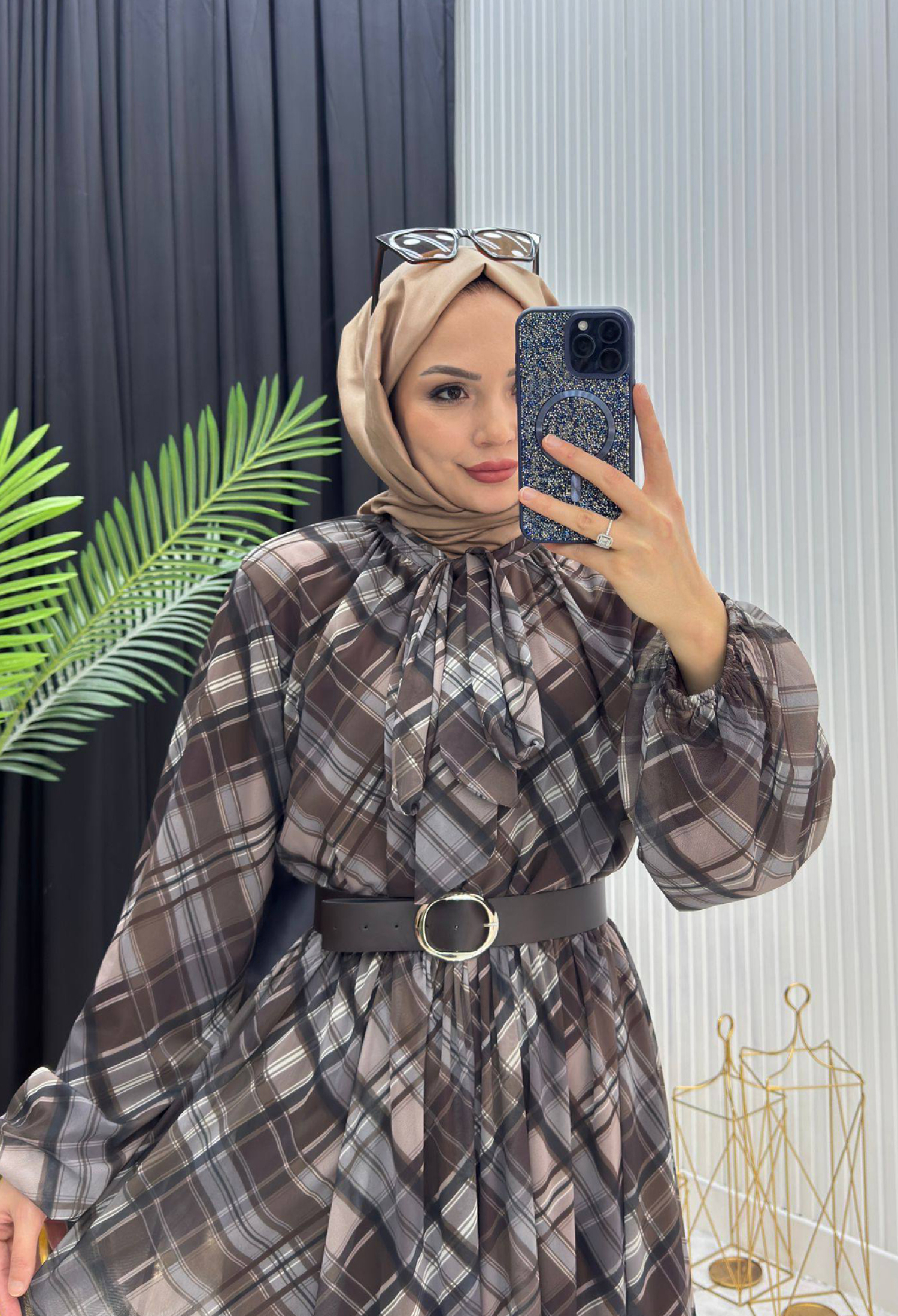 Checkered A-Line Dress With Notched Neck - Brand: Mode Roy - Women & Kids, Baby Clothes Wholesale - TheBS Women