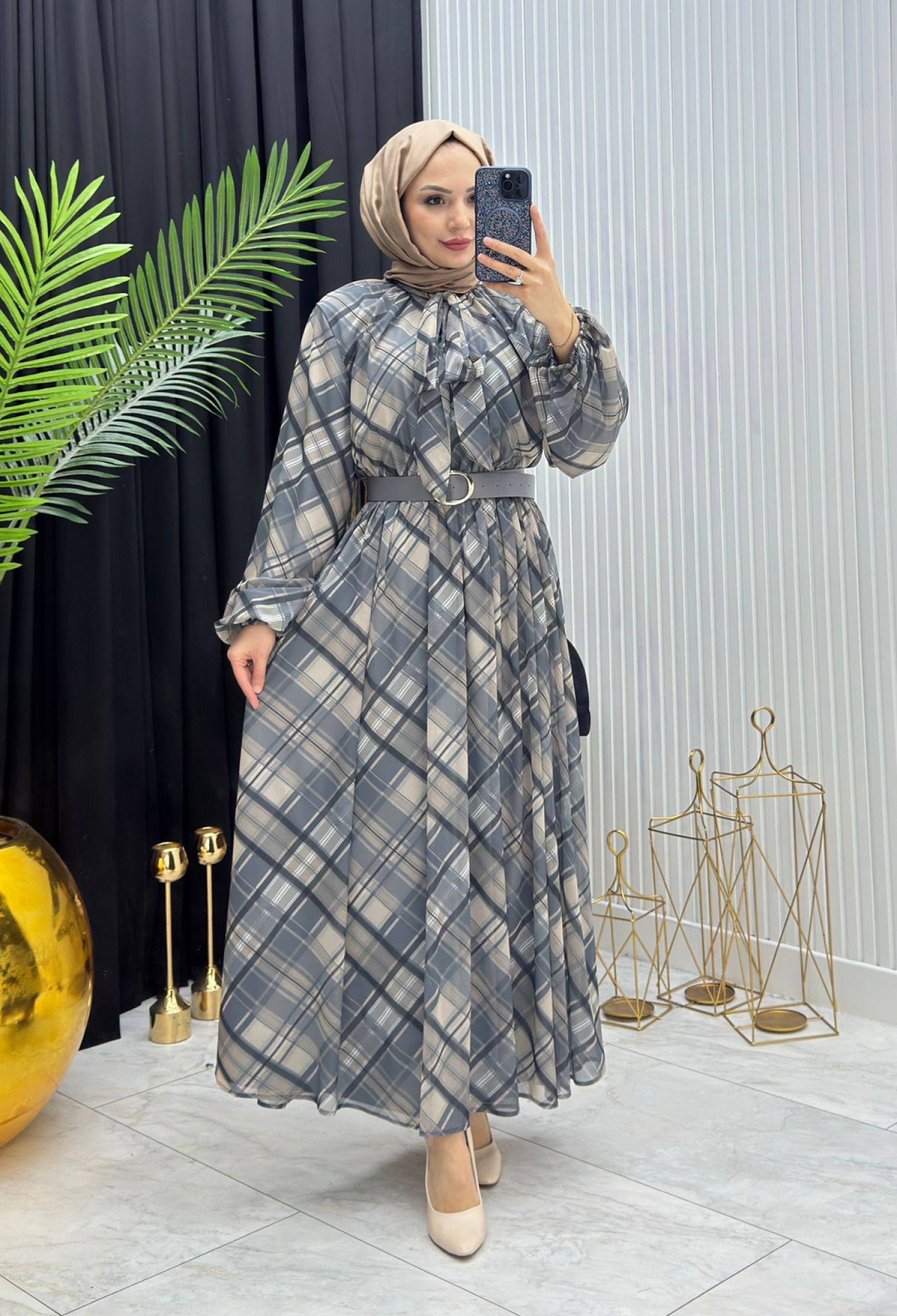 Grey Checkered Modest Elegant Formal A-Line Dress - Brand: Mode Roy - Women & Kids, Baby Clothes Wholesale - TheBS Women