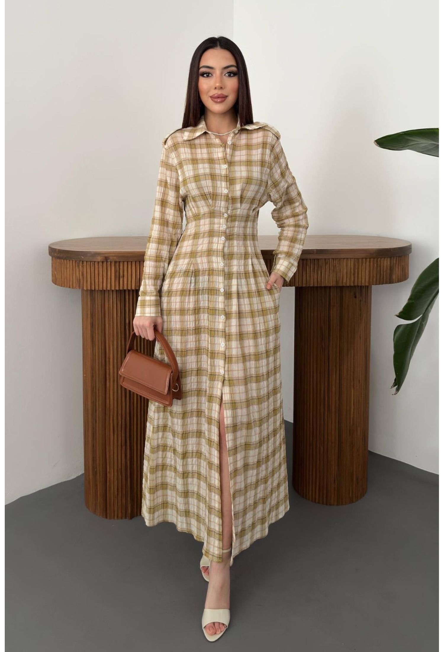 Beige Checkered Maxi Shirt Dress With Polo Neck - Brand: Elisa - Women & Kids, Baby Clothes Wholesale - TheBS Women