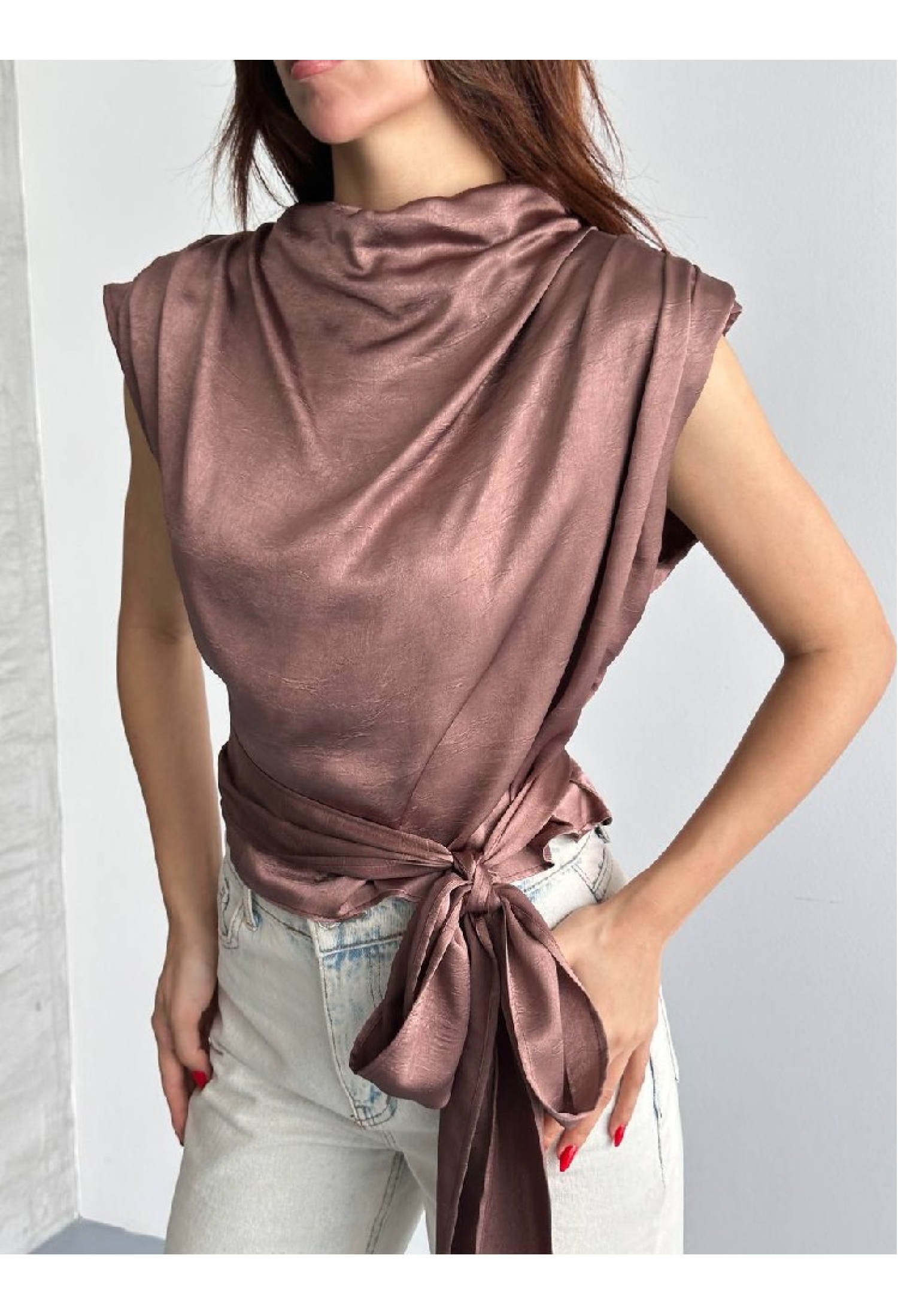 Brown Elegant Slim Fit Blouse With Shawl Collar - Brand: Mistix - Women & Kids, Baby Clothes Wholesale - TheBS Women