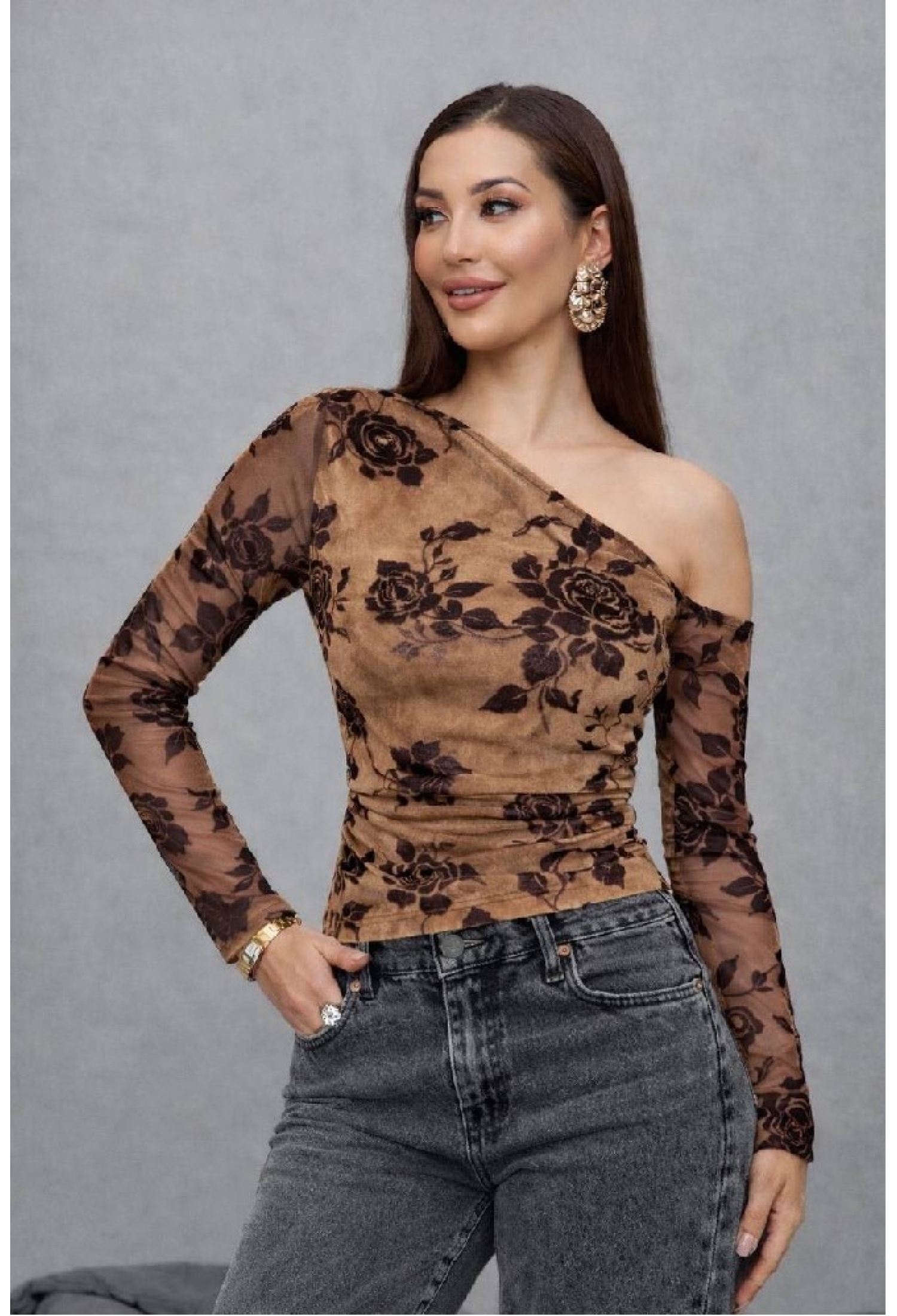 Brown Slim Fit Floral One Shoulder Neck Blouse - Brand: Mistix - Women & Kids, Baby Clothes Wholesale - TheBS Women
