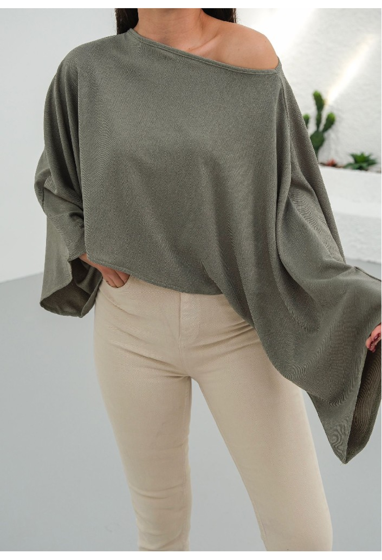 Khaki Oversized Fit Blouse With One Shoulder Neck - Brand: Mistix - Women & Kids, Baby Clothes Wholesale - TheBS Women