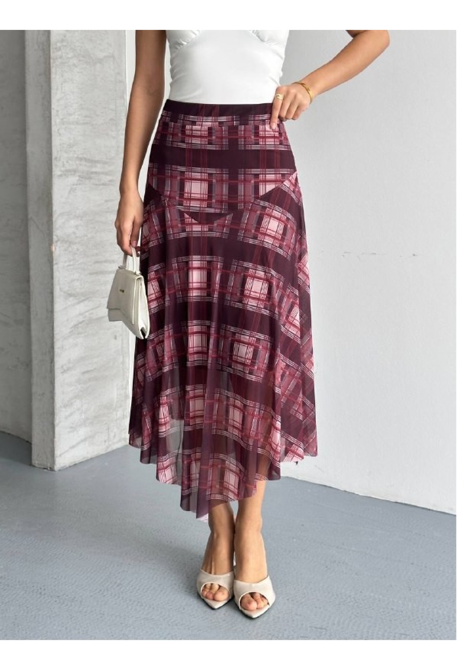 Claret Red Plaid Asymmetrical Midi Skirt - Brand: Mistix - Women & Kids, Baby Clothes Wholesale - TheBS Women
