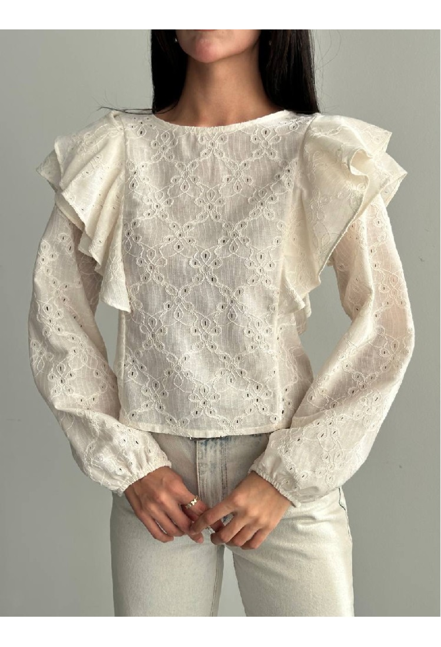 Elegant Beige Blouse With Floral Ruffle Sleeves - Brand: Mistix - Women & Kids, Baby Clothes Wholesale - TheBS Women