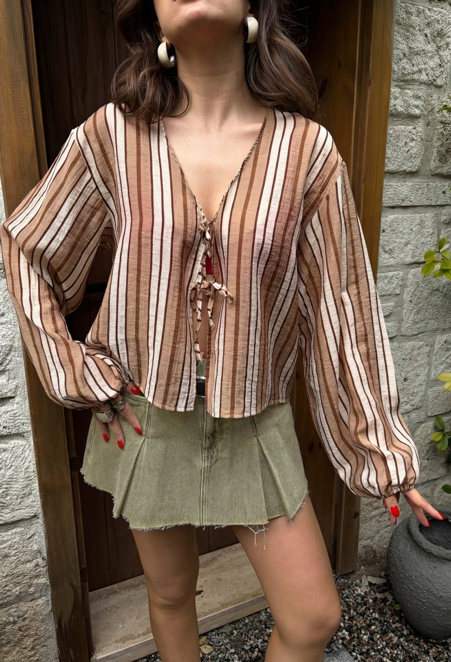 Brown Retro Casual Blouse With Striped Balloon Sleeves - Brand: First Angels - Women & Kids, Baby Clothes Wholesale - TheBS Women