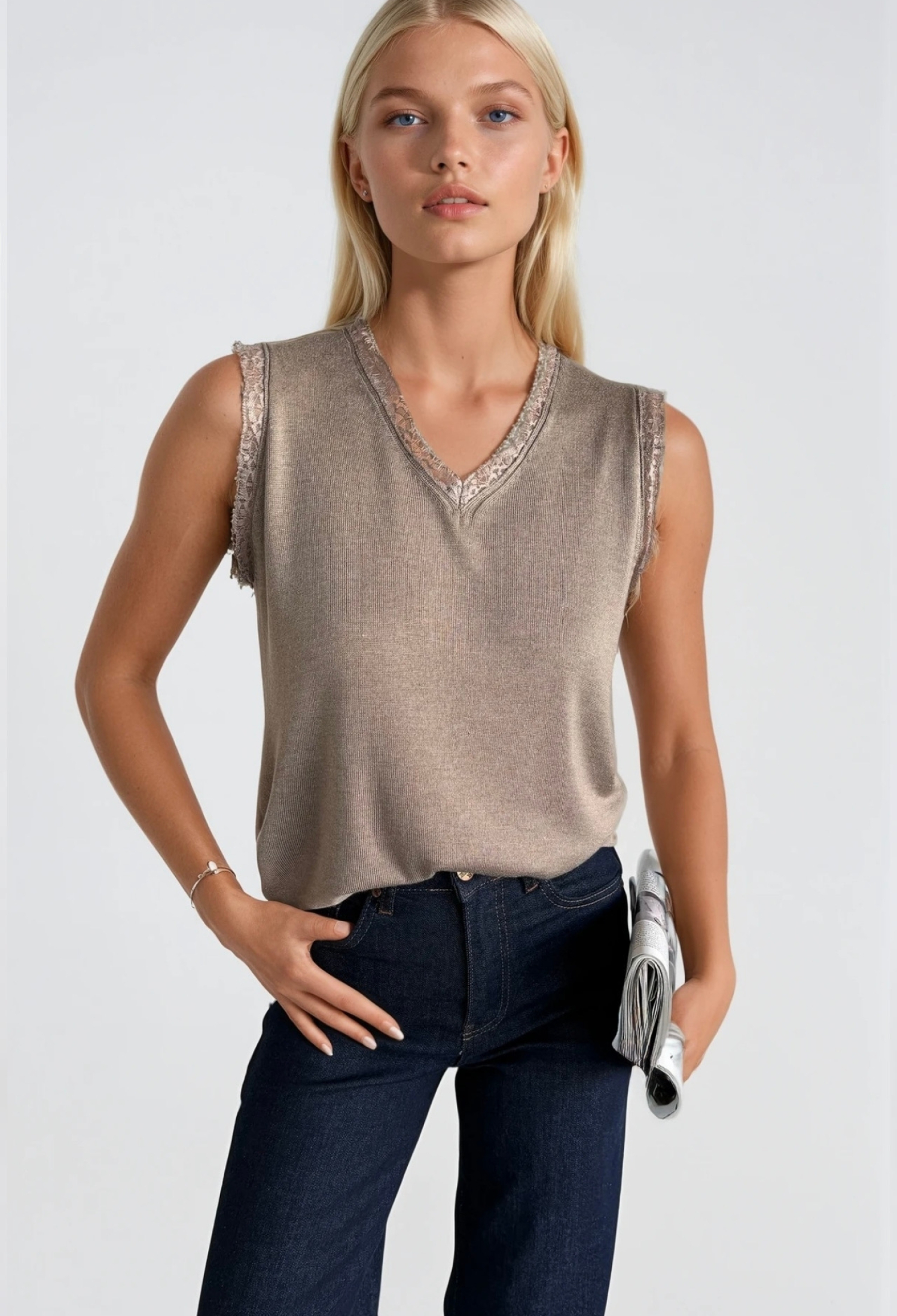 Beige Blouse With V-Neck And Cap Sleeves - Brand: Black Fashion - Women & Kids, Baby Clothes Wholesale - TheBS Women