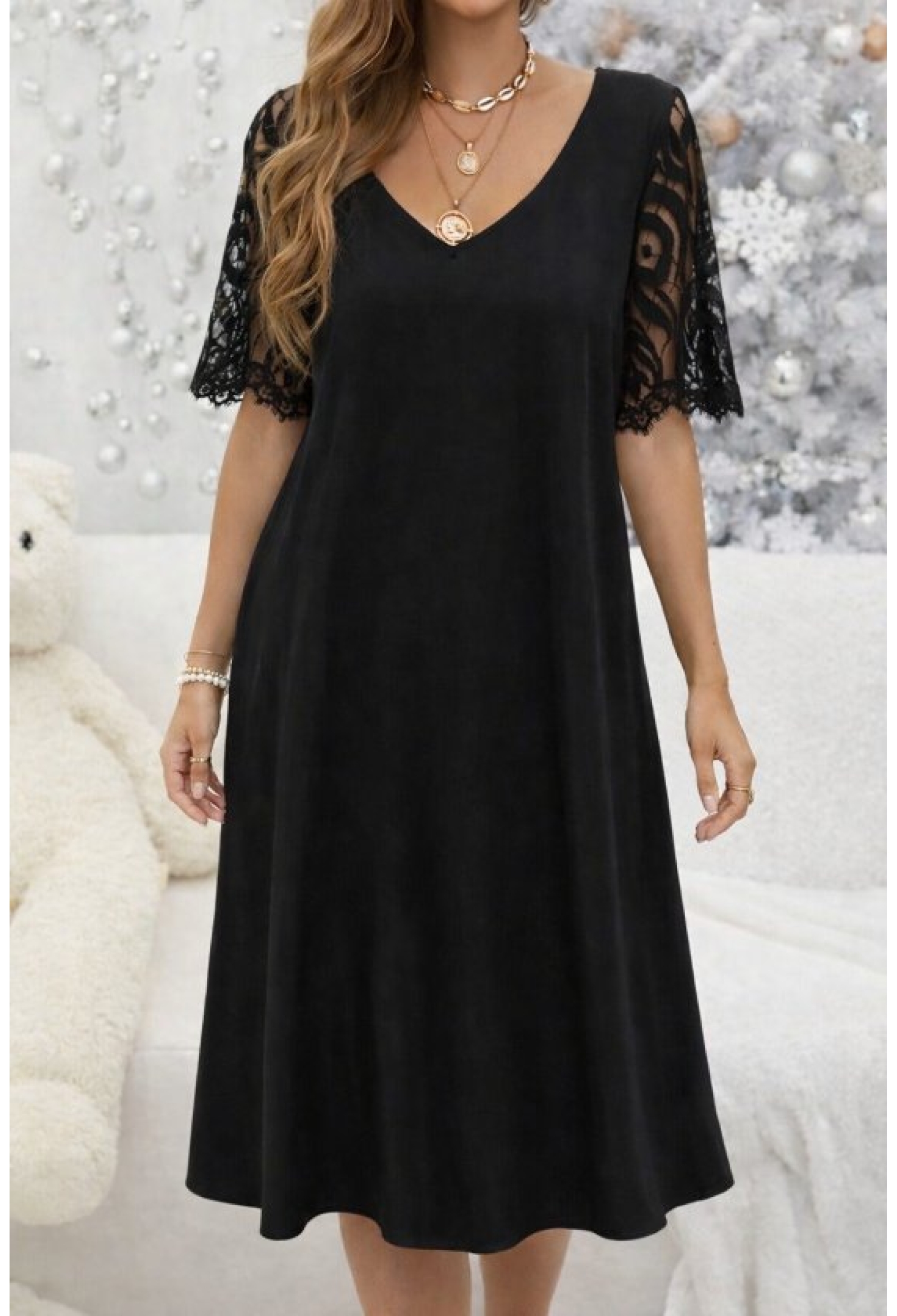 Elegant Black A-Line Dress With V-Neck - Brand: Janes - Women & Kids, Baby Clothes Wholesale - TheBS Women