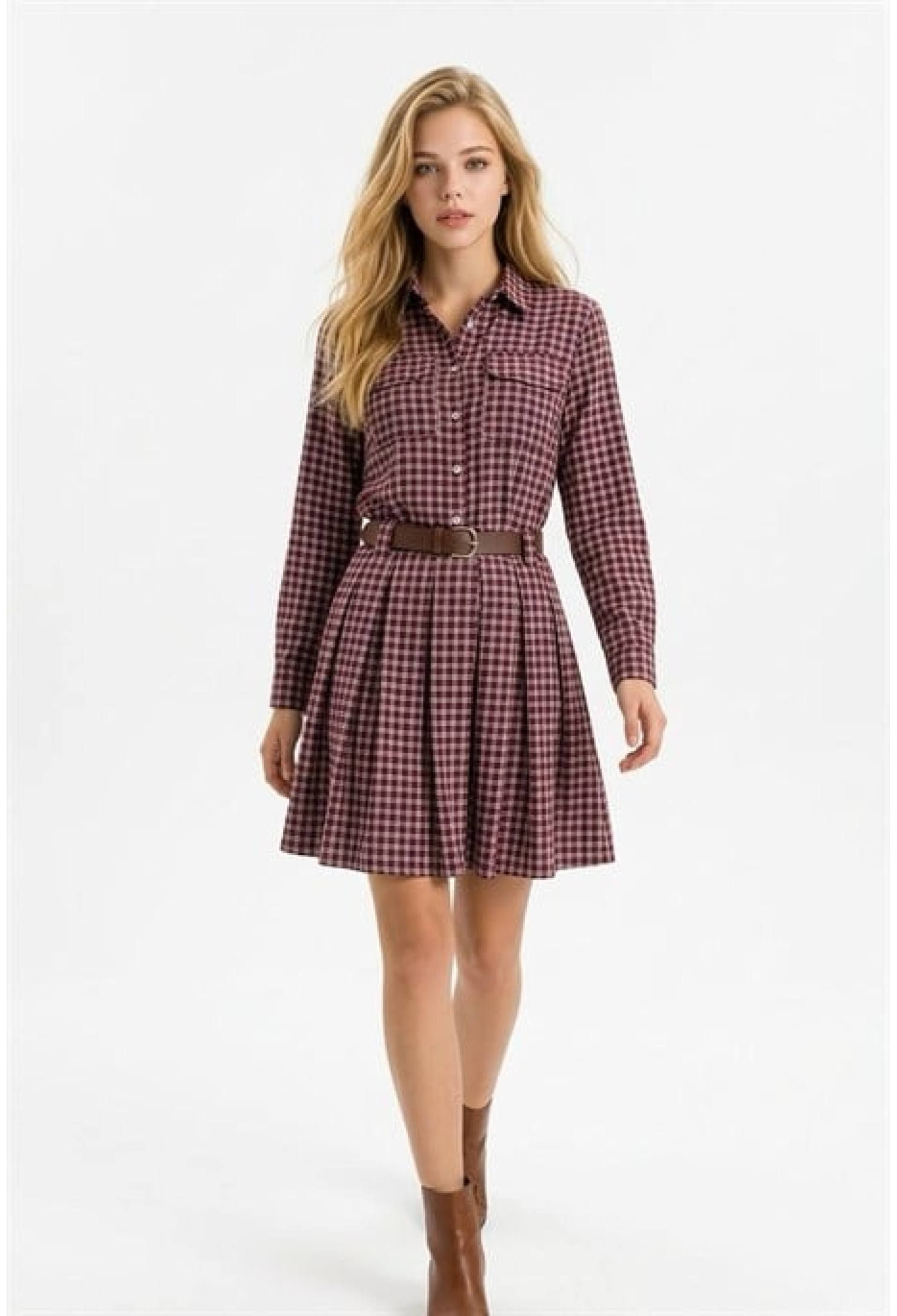 Brown Checkered Shirt Dress With Notched Neck - Brand: Levure - Women & Kids, Baby Clothes Wholesale - TheBS Women