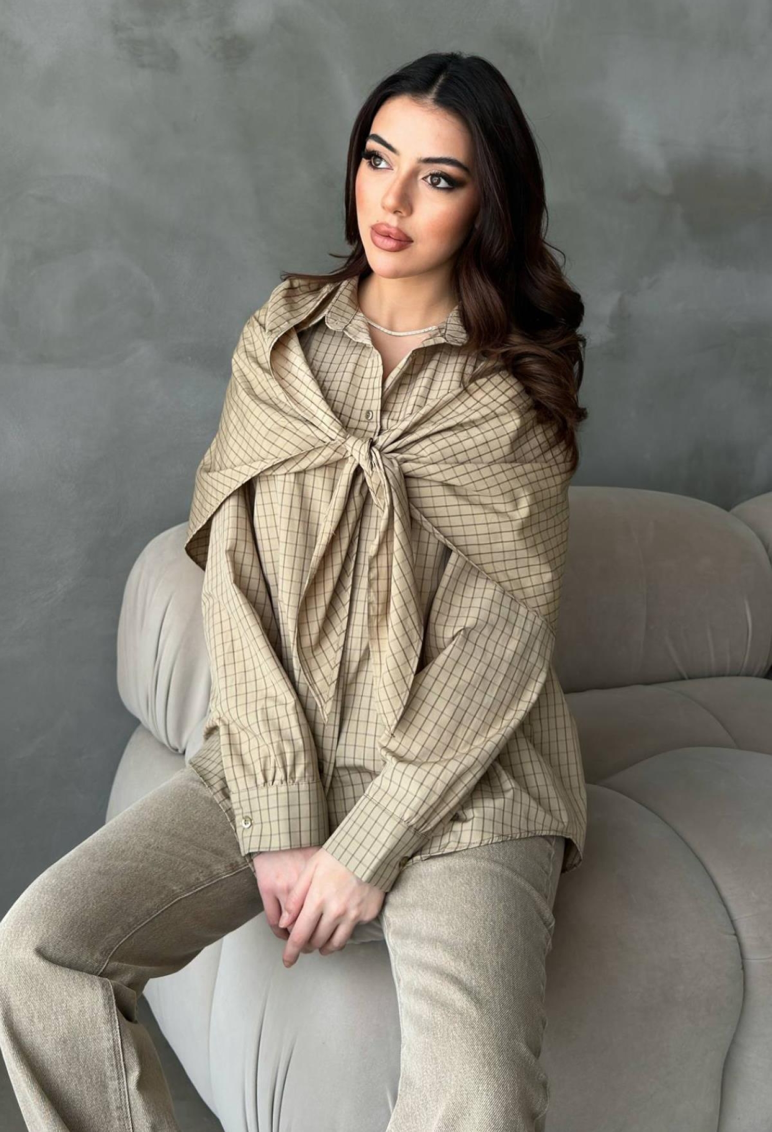 Beige Checkered Polo Neck Buttoned Shirt - Brand: Elisa - Women & Kids, Baby Clothes Wholesale - TheBS Women