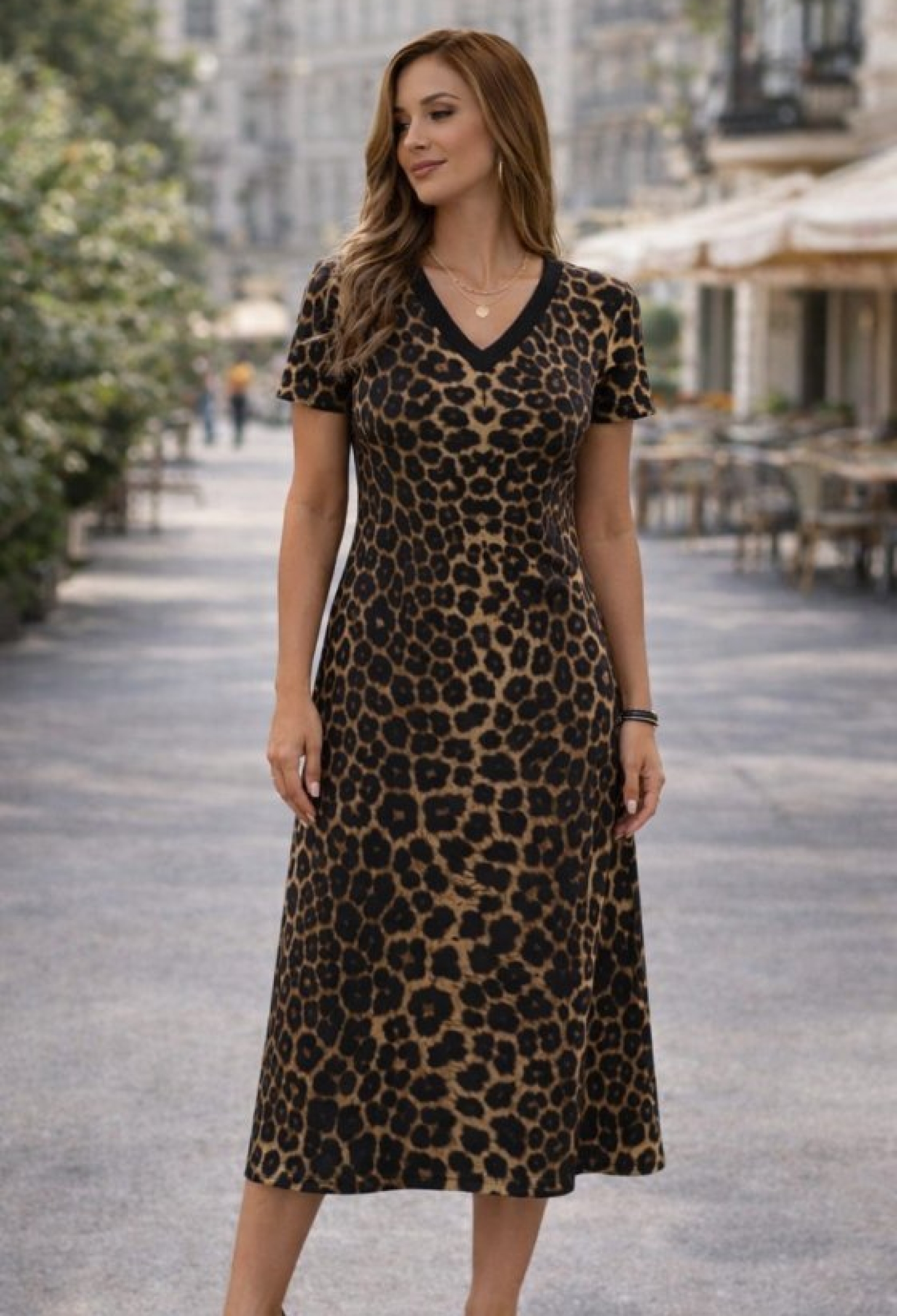 Brown A-Line Dress With Animal Print And V-Neck - Brand: Janes - Women & Kids, Baby Clothes Wholesale - TheBS Women