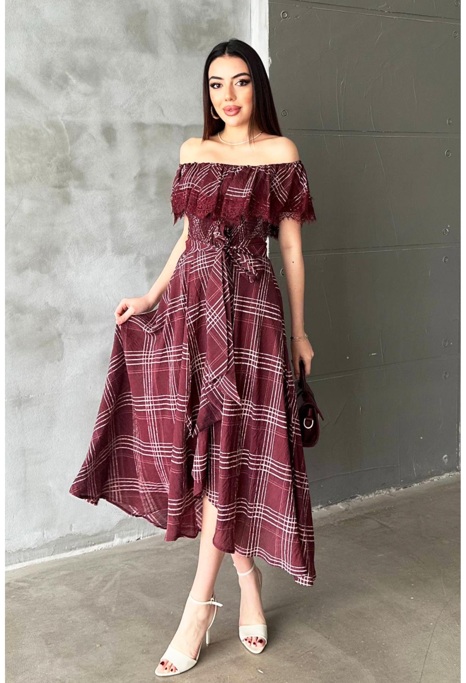 Claret Red A-Line Checkered Dress With Ruffle Sleeve - Brand: Elisa - Women & Kids, Baby Clothes Wholesale - TheBS Women