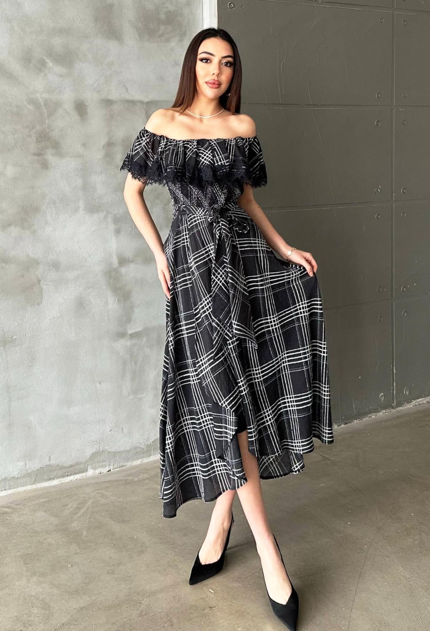 Elegant Black A-Line Dress With Checkered Pattern - Brand: Elisa - Women & Kids, Baby Clothes Wholesale - TheBS Women