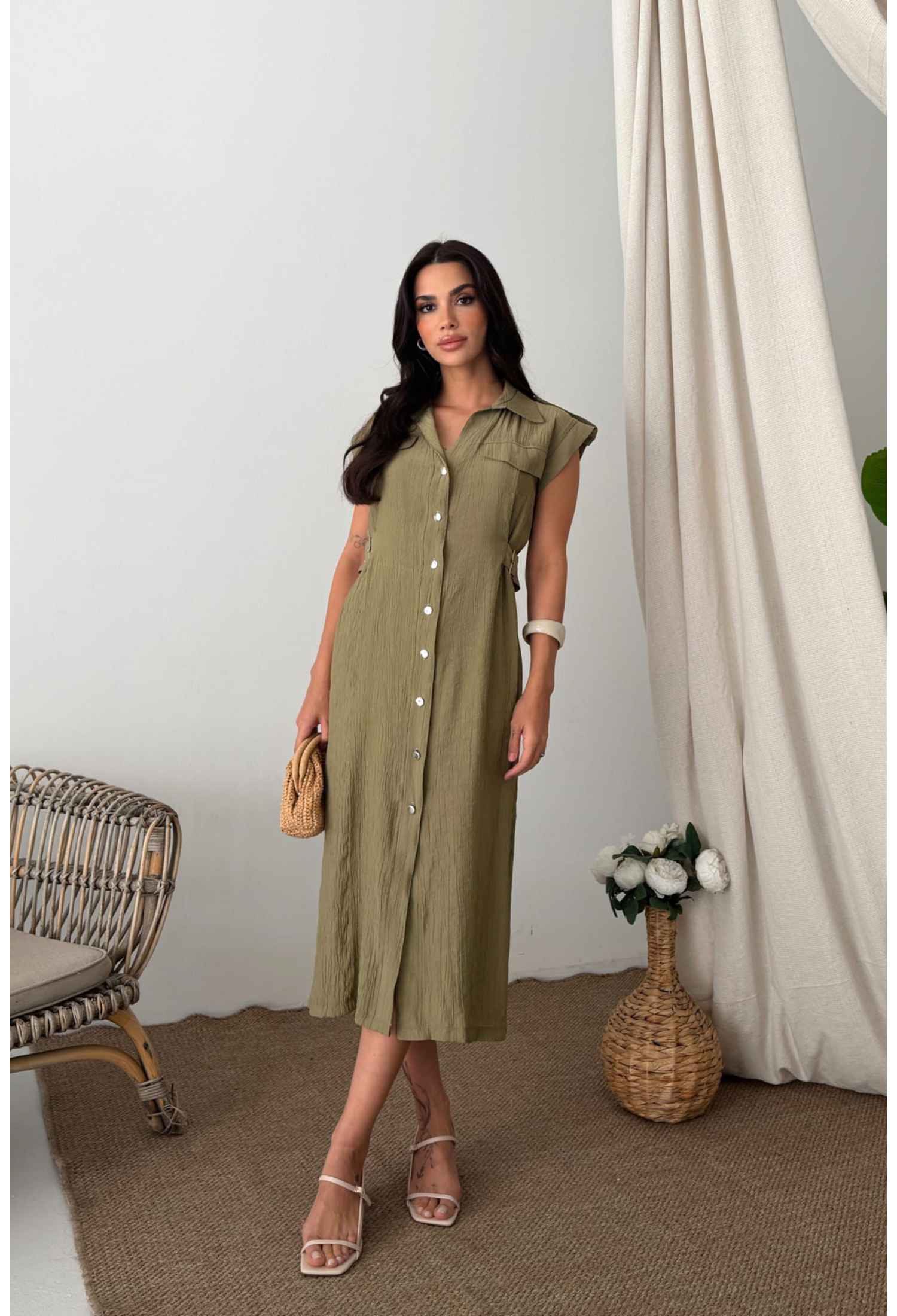 Khaki Shirt Dress Midi With Cap Sleeve And Shawl Collar - Brand: Mode Roy - Women & Kids, Baby Clothes Wholesale - TheBS Women