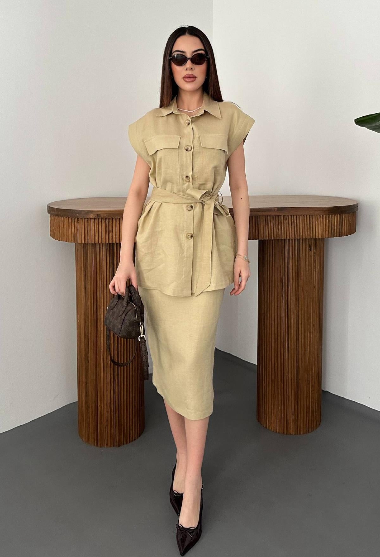 Khaki Elegant Formal Set With Pencil Skirt - Brand: Elisa - Women & Kids, Baby Clothes Wholesale - TheBS Women